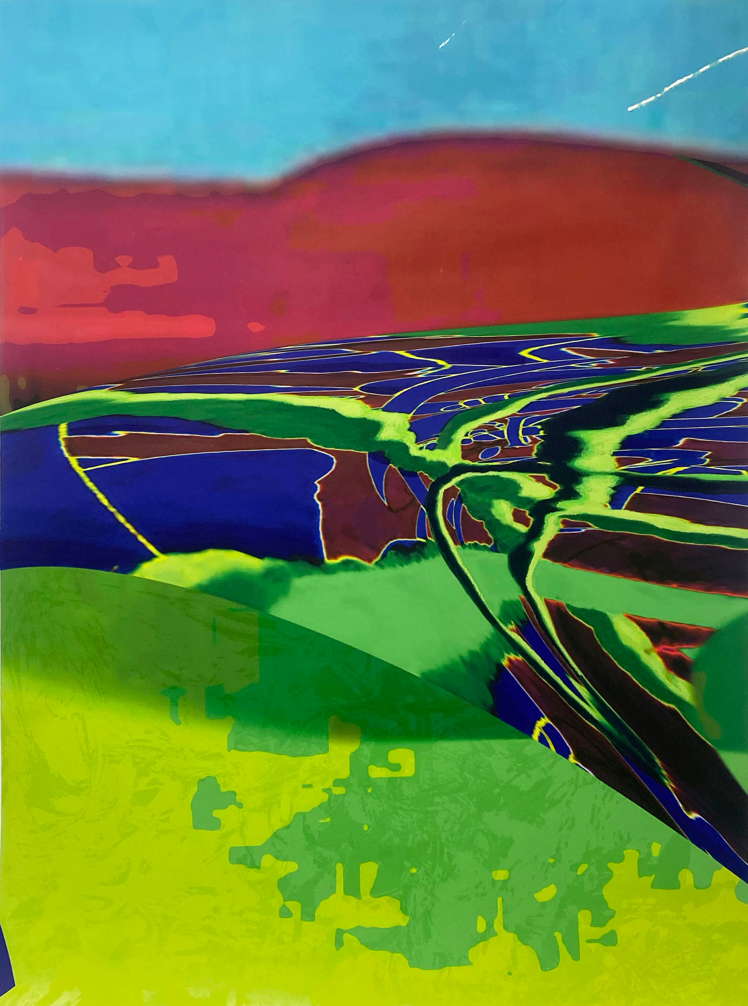 Yellow-green hills in front of a winding tree, and blue and purple bodies of water surround a mountain in the background.