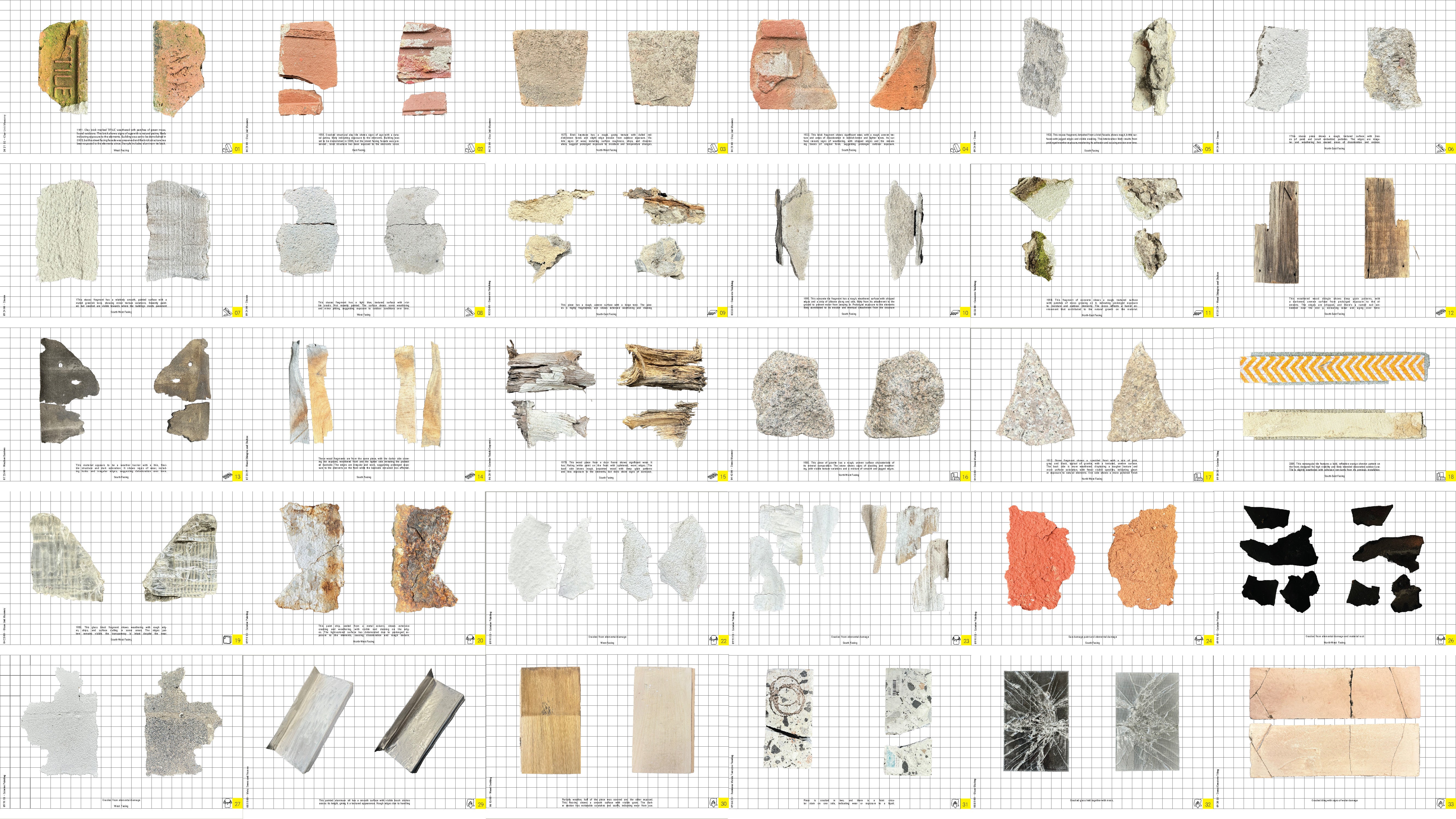 Weathered fragments of wood, concrete, metal, brick and plaster cataloged, collected from exterior sites across Providence