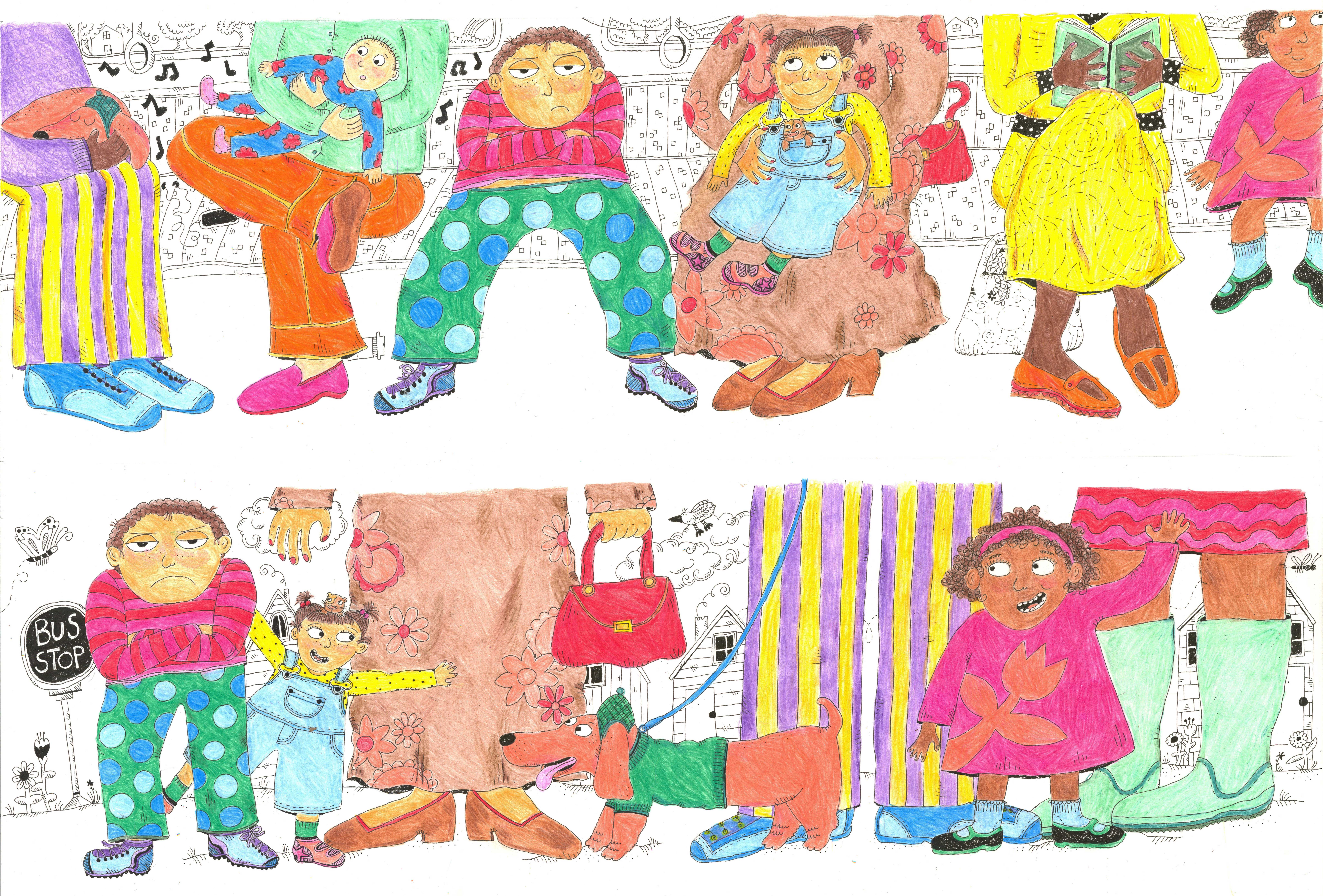 A line of vibrantly colored characters waiting for the bus below a line of characters waiting on the bus. 