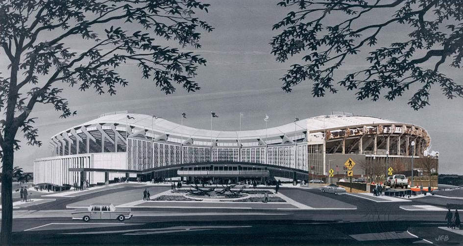 drawing of a stadium collaged with the existing run down state of the same stadium 