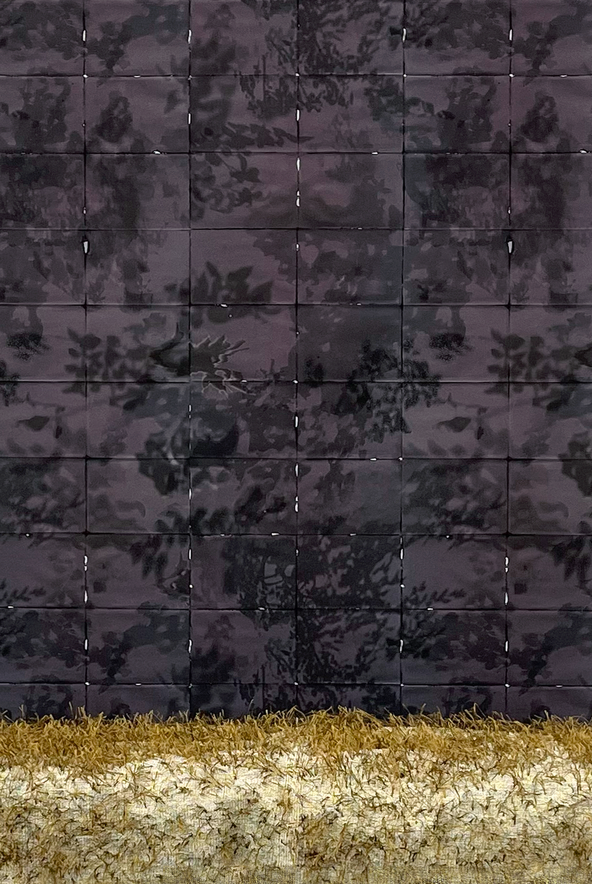Natural tone and textured woven textiles on concrete surfaces, surrounded by grid patterned wallpaper and light. 
