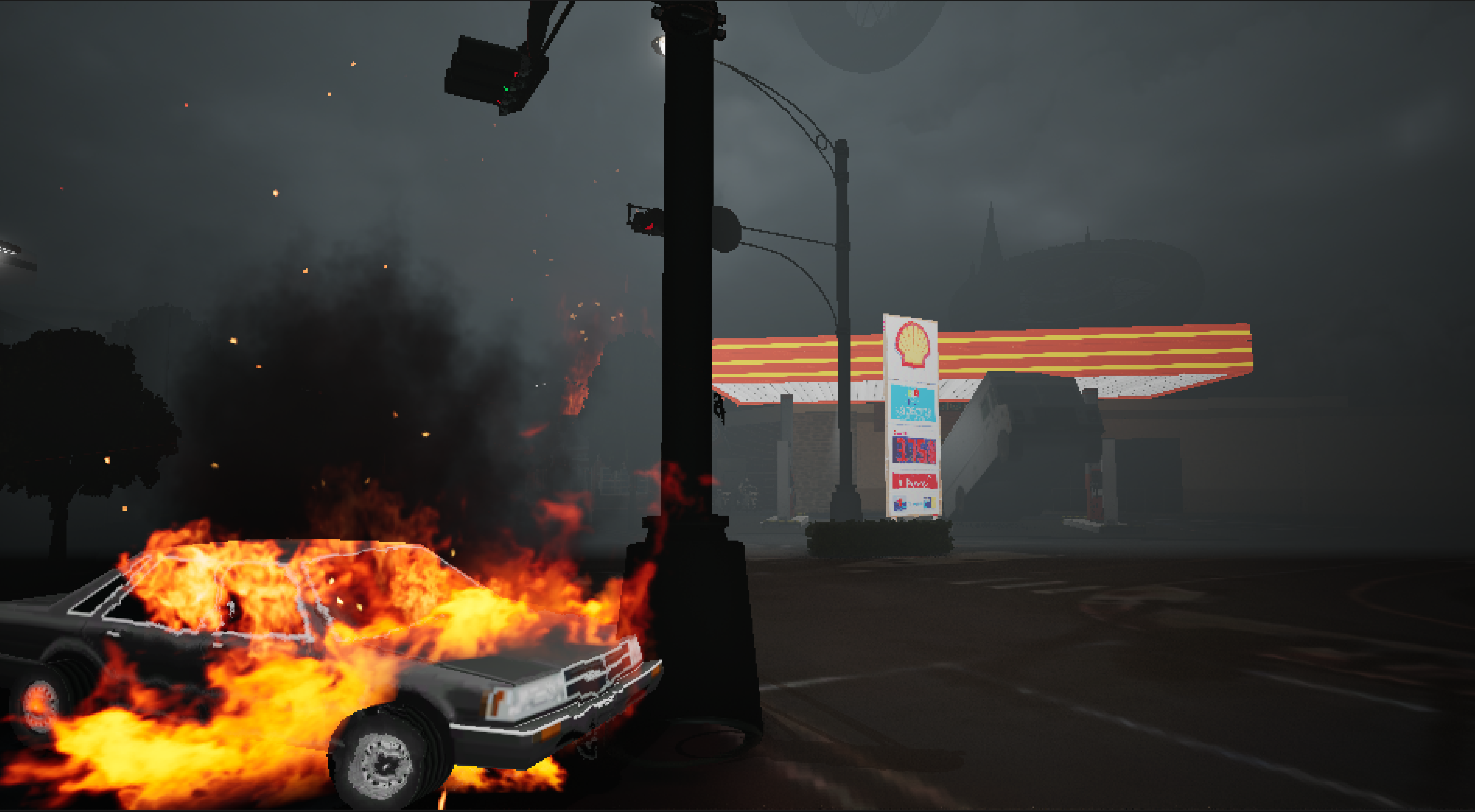 A burning car in front of a gas station on a dark, stormy night in a digital game scene from Roaring Zen.