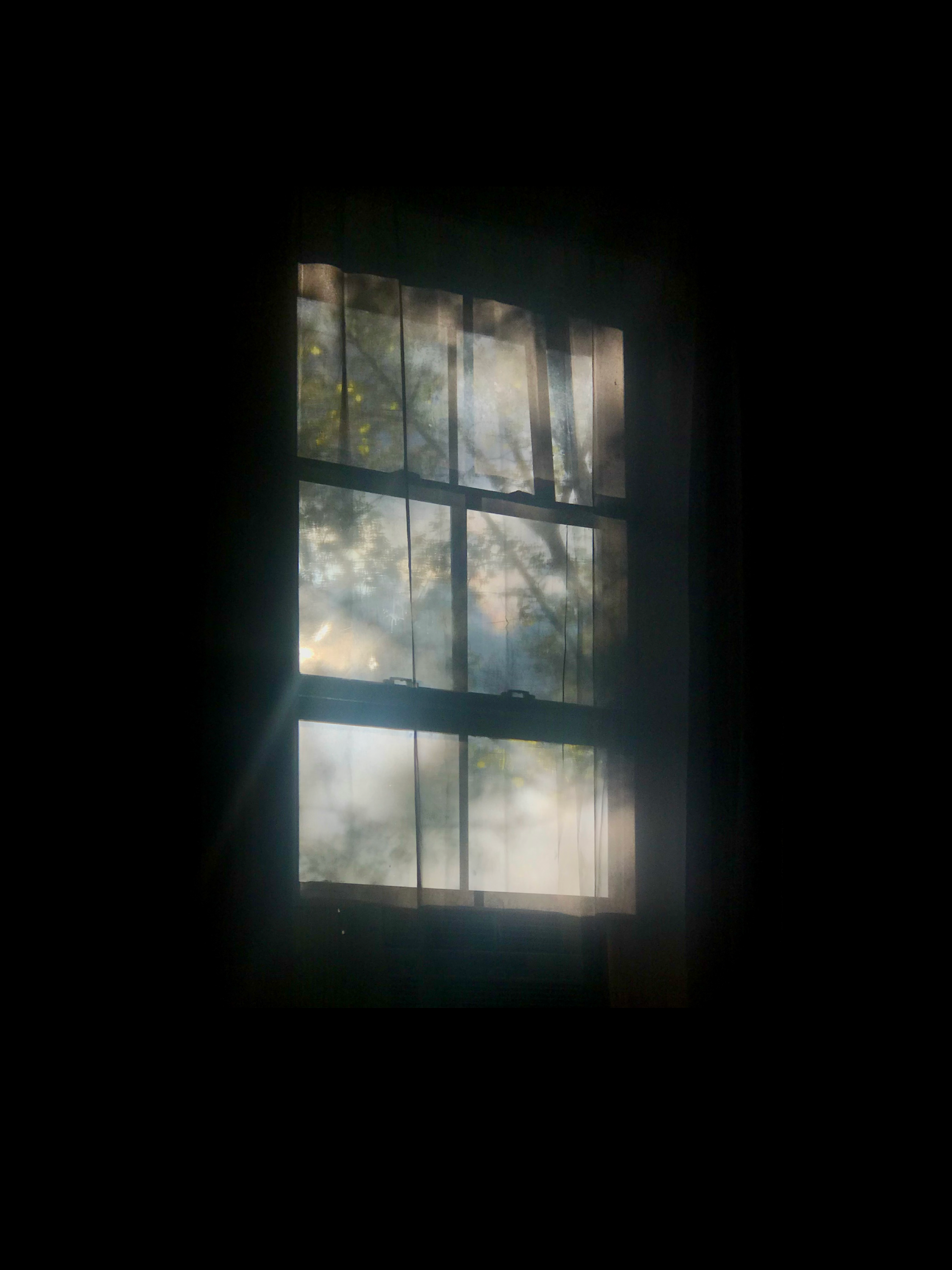 Woven representation of a window with light passing through a metallic surface, framed and bordered by wood trim textile.