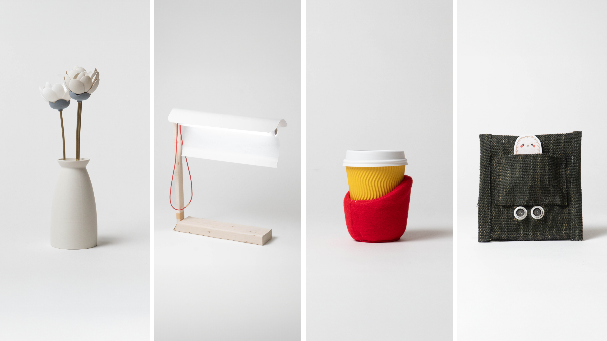 Four objects that subtly assist communication: an interactive flower, curtain lamp, calming cup holder, and pocket companion.