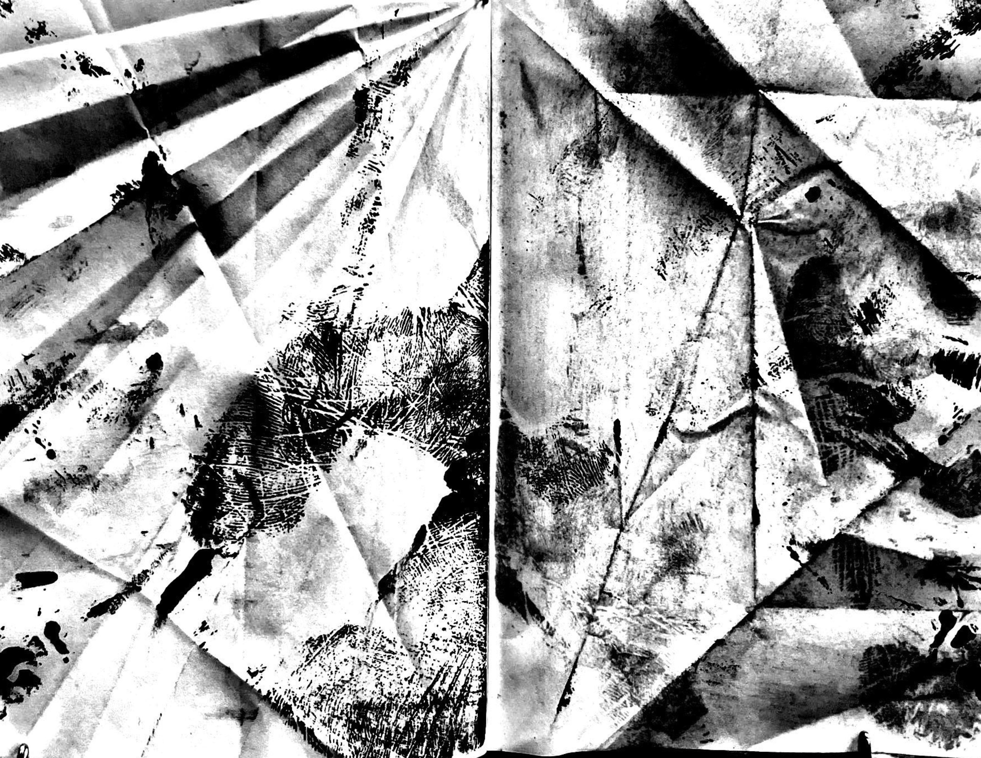 A scan from a book of vellum, whose pages have been creased, rubbed, and imprinted on. Here, a non-human object is humanized.