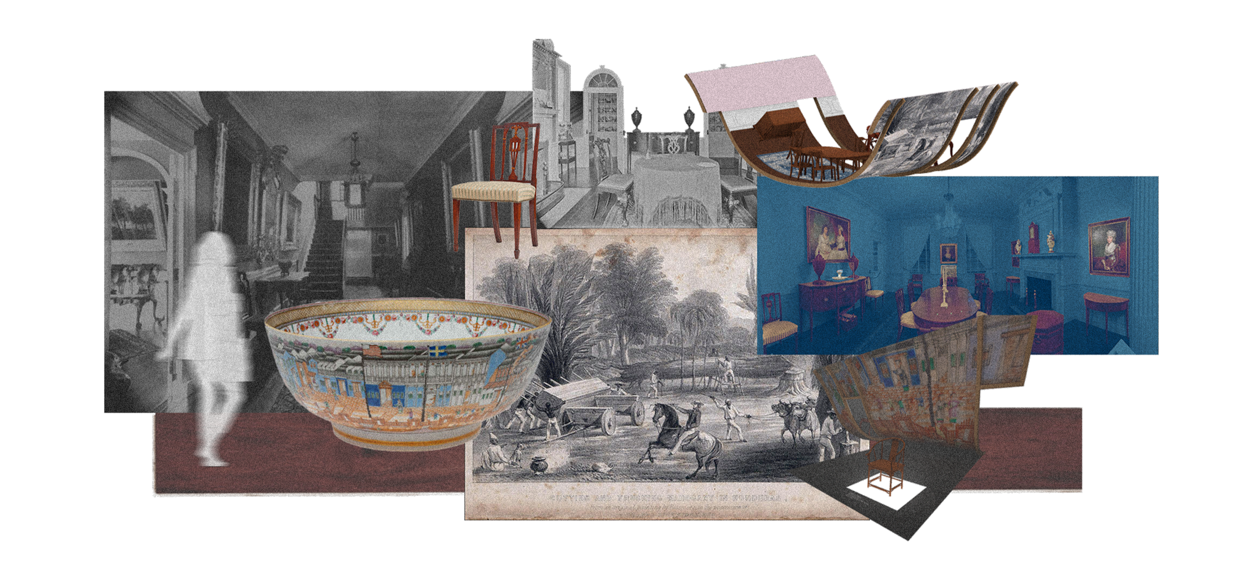 Collage of Pendleton House elements: dining room, mahogany furniture, porcelain vase, and an engraving of mahogany harvesting