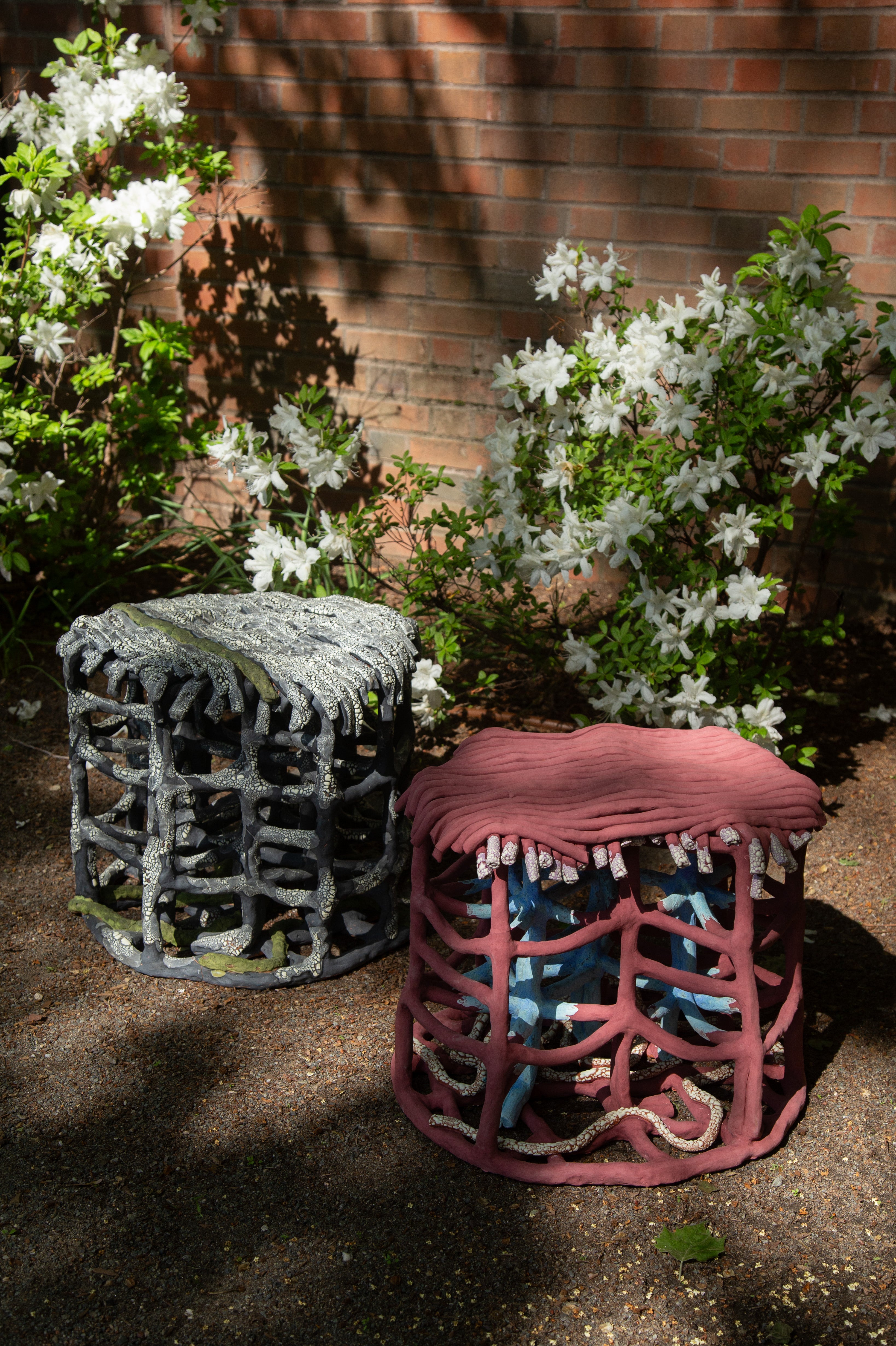 The Baked Stools are formed with a network of coils and finished with textured matte glazes. 