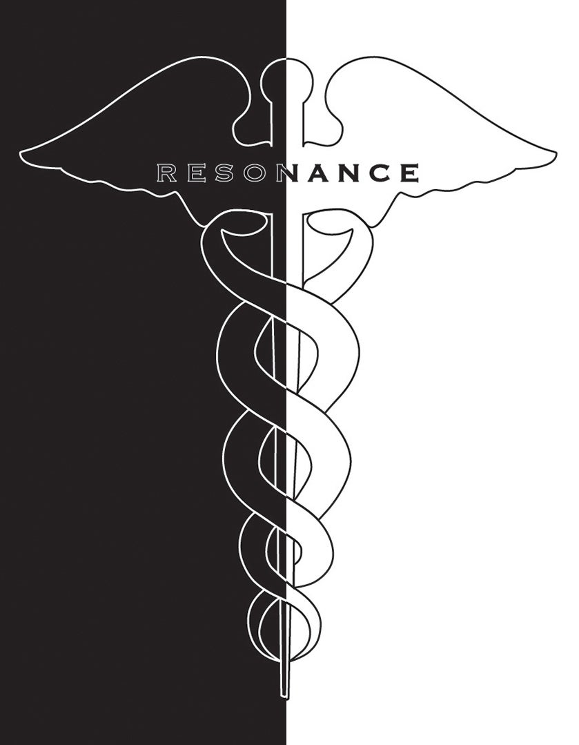 Half-white, half-black image of a caduceus bearing the word Resonance across the wings