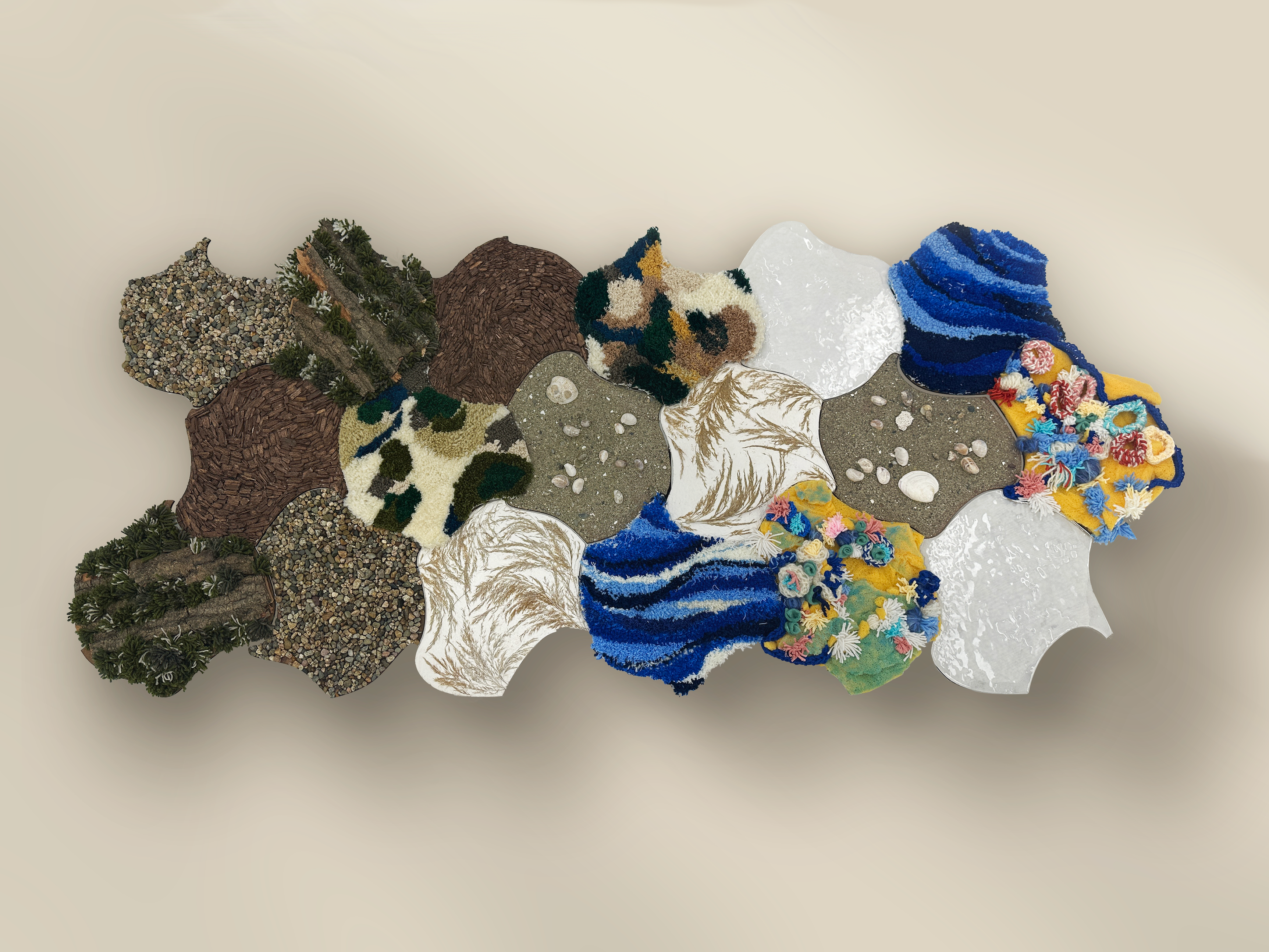 TacTiles: Sensory Murals for Alzheimer's and Dementia Care. Organic-shaped tesselating tiles made from natural materials