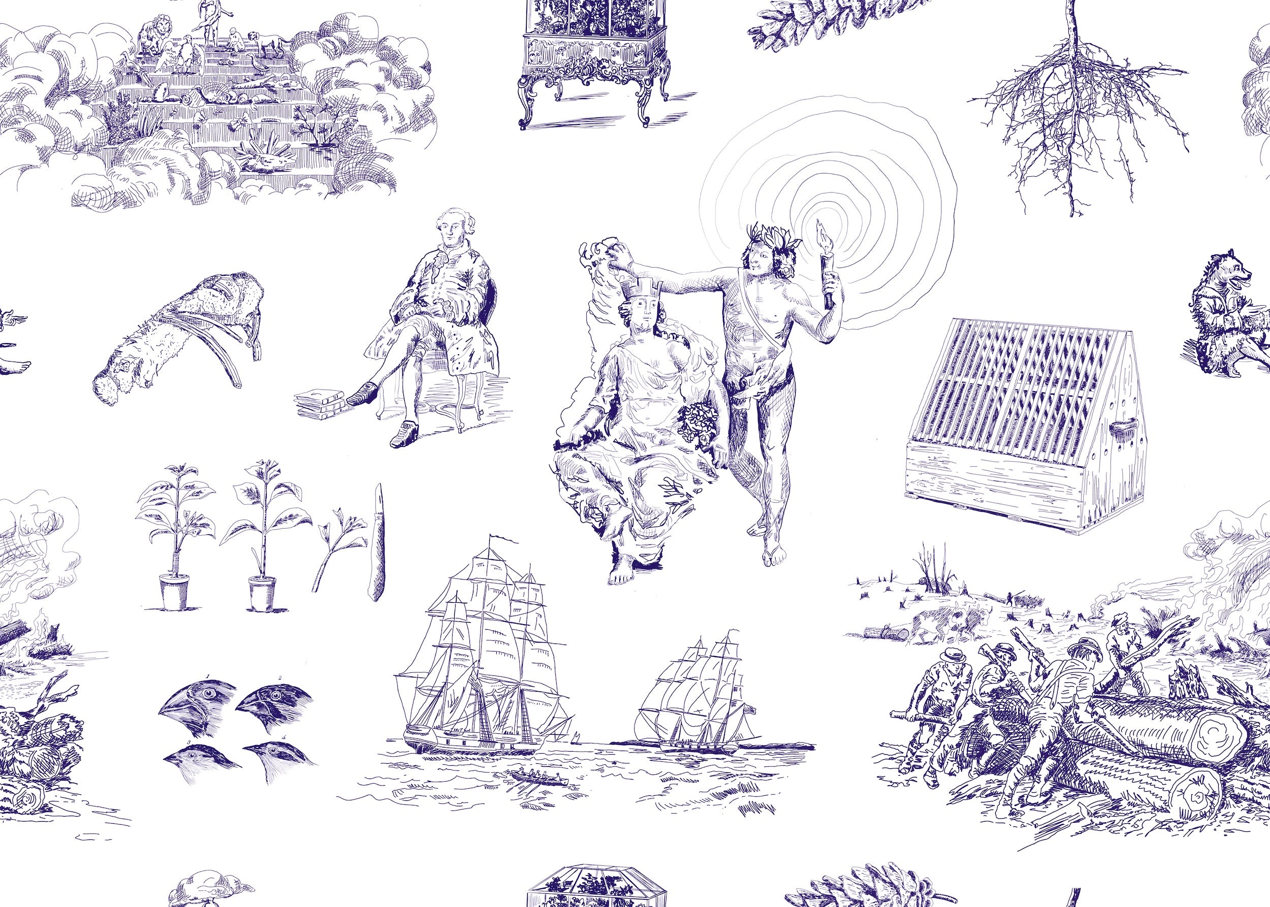 A repeating decorative pattern illustrates our extractive and exploitative relationship with plants.