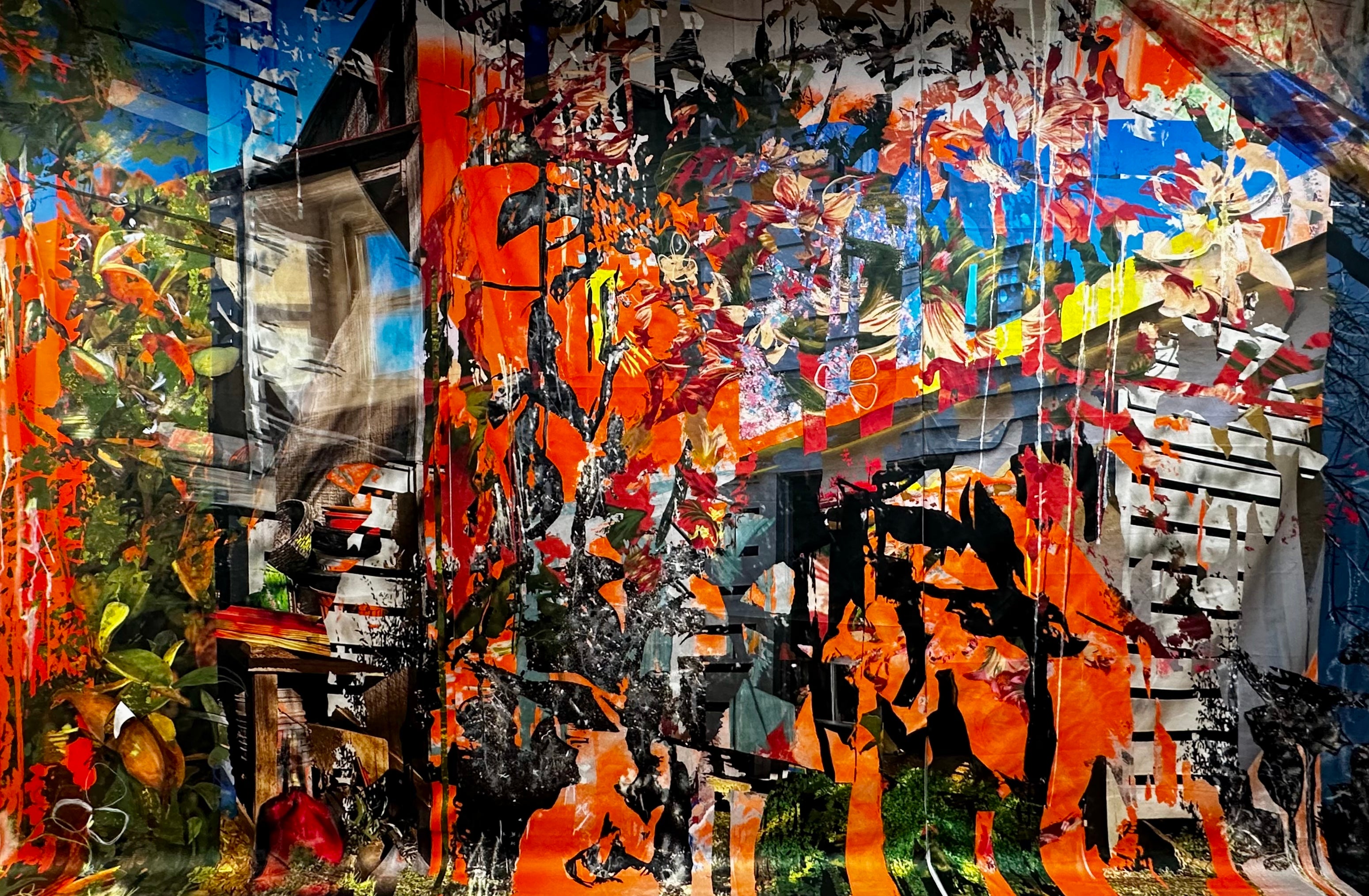 Collage of blue window, red gas can, and grey wooden shed with orange, stripes, paint splatter and pink florals on top. 