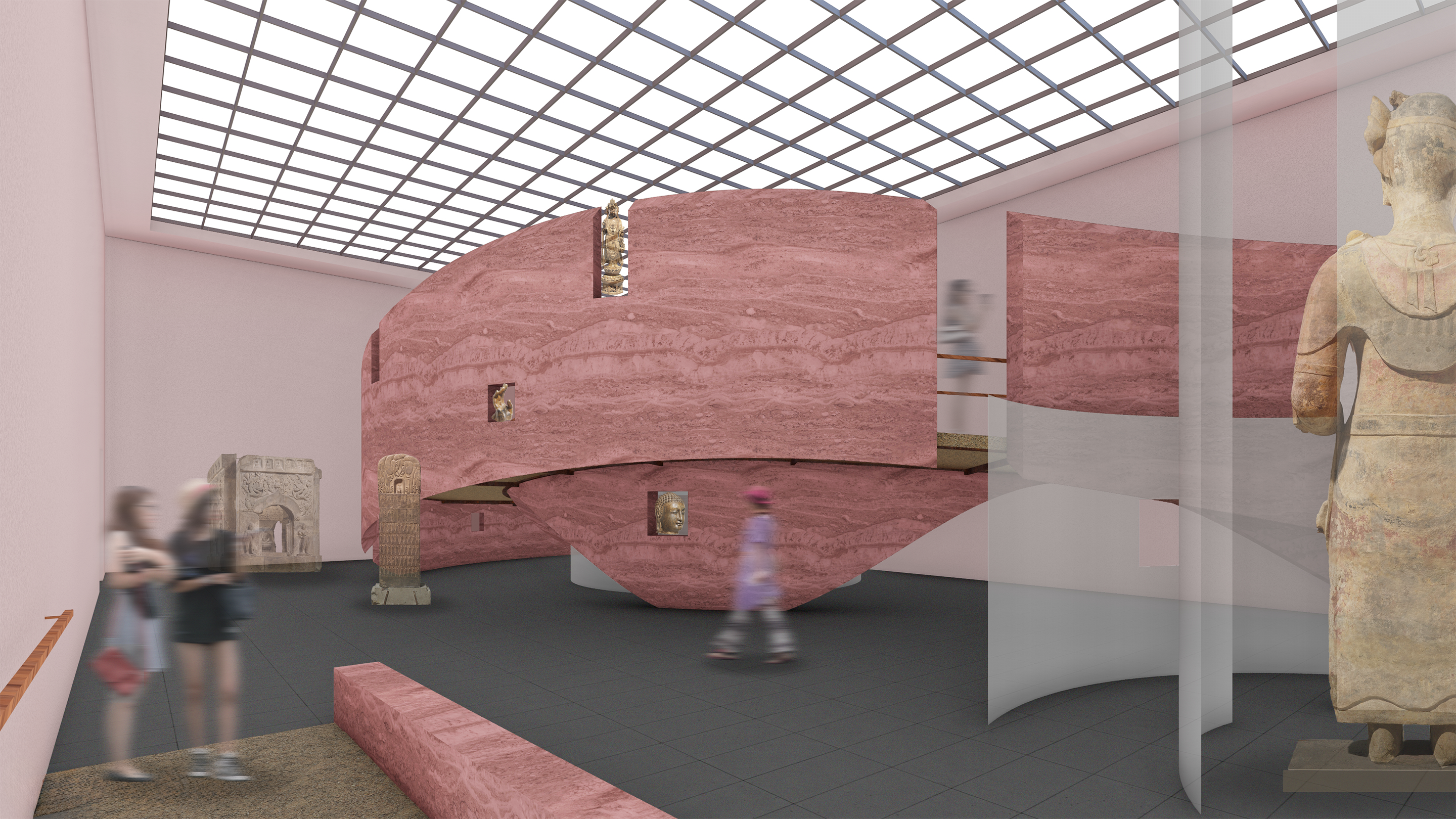 Curved walls and controlled sightlines frame a Buddhist sculpture to recontextualize it within the museum gallery.