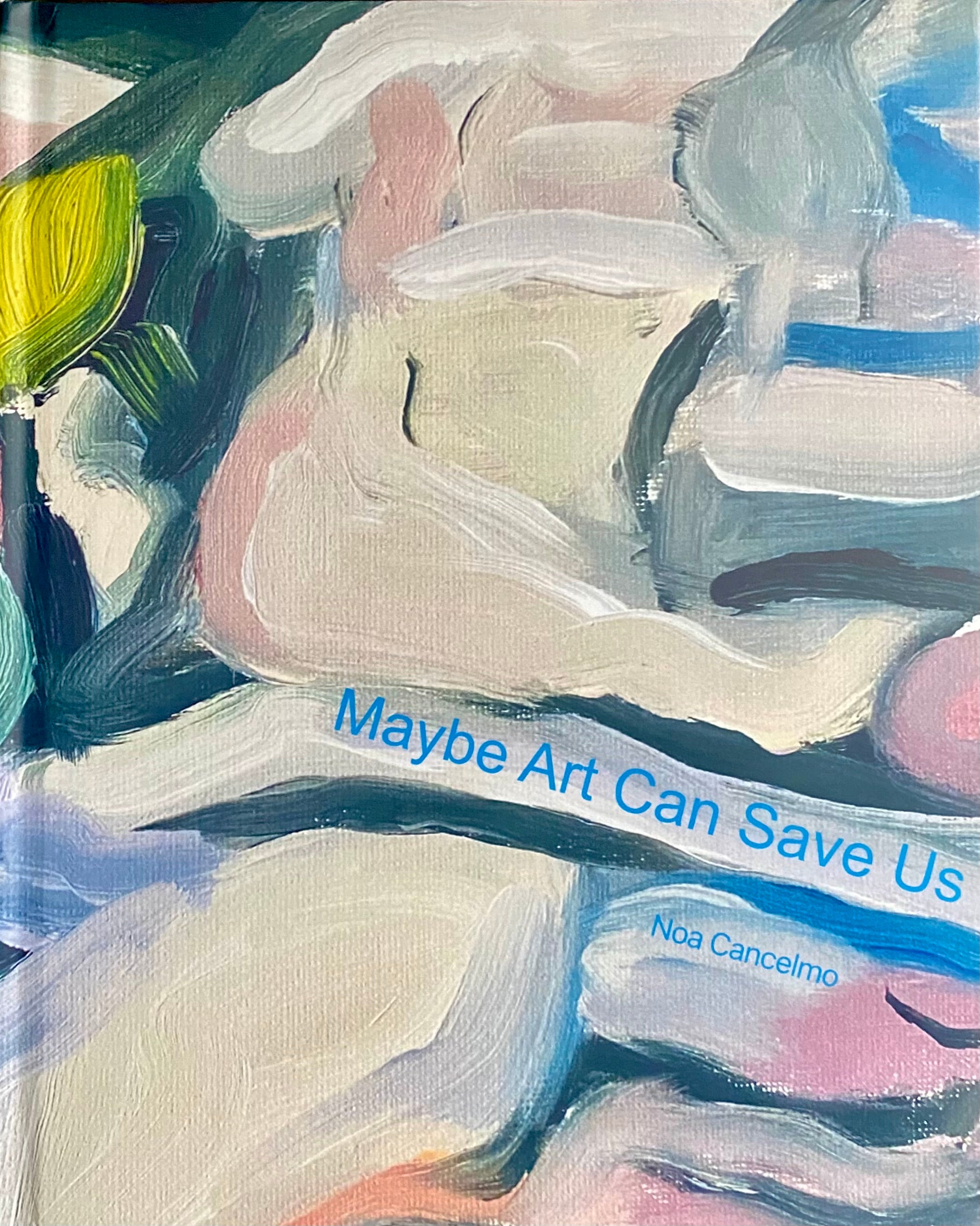 Book with an abstract painting of pinks and blues on the cover. 