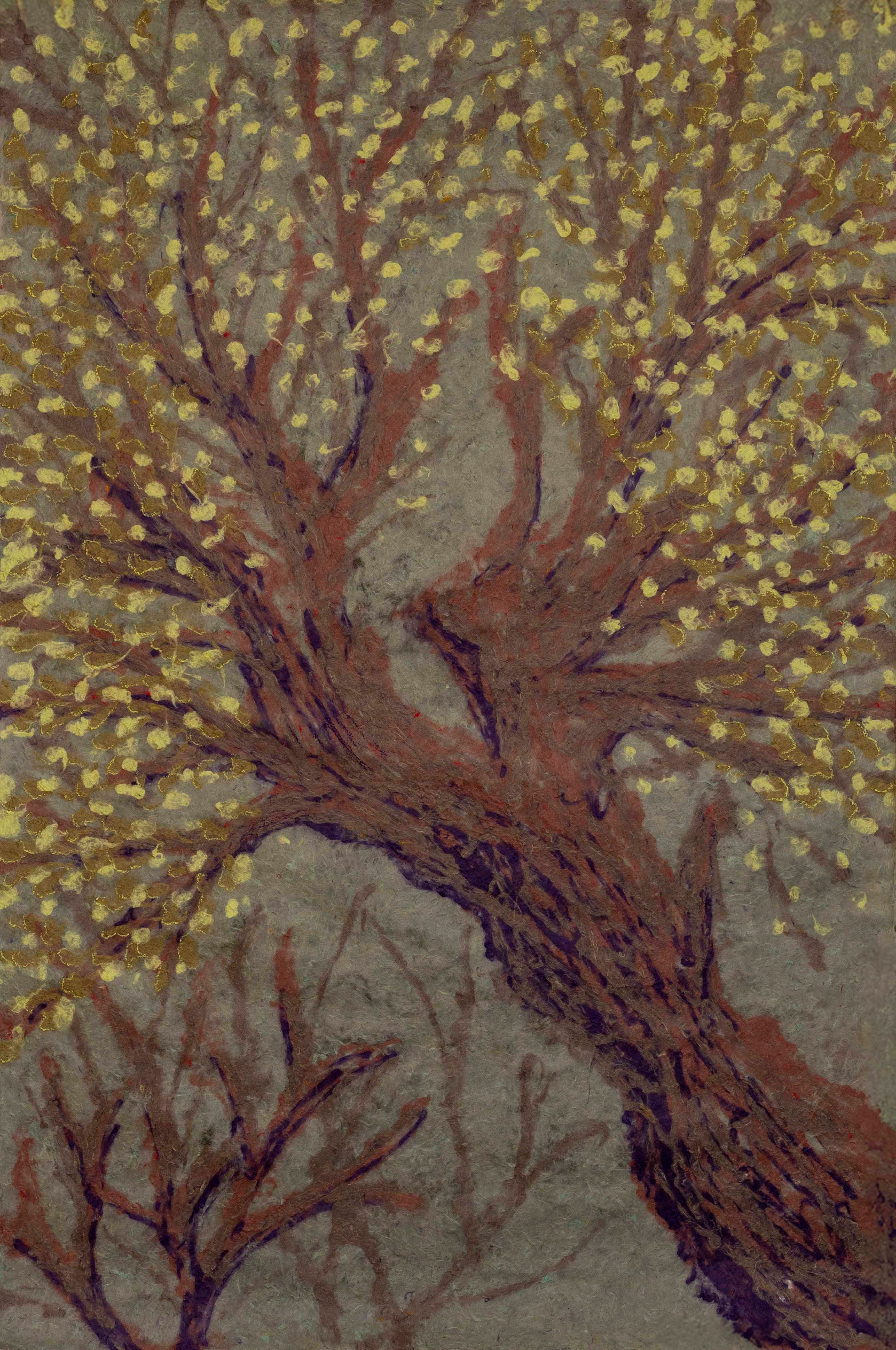 Pulp painting depicting a large olive tree with a thick trunk, divided in the middle into two growing sides.