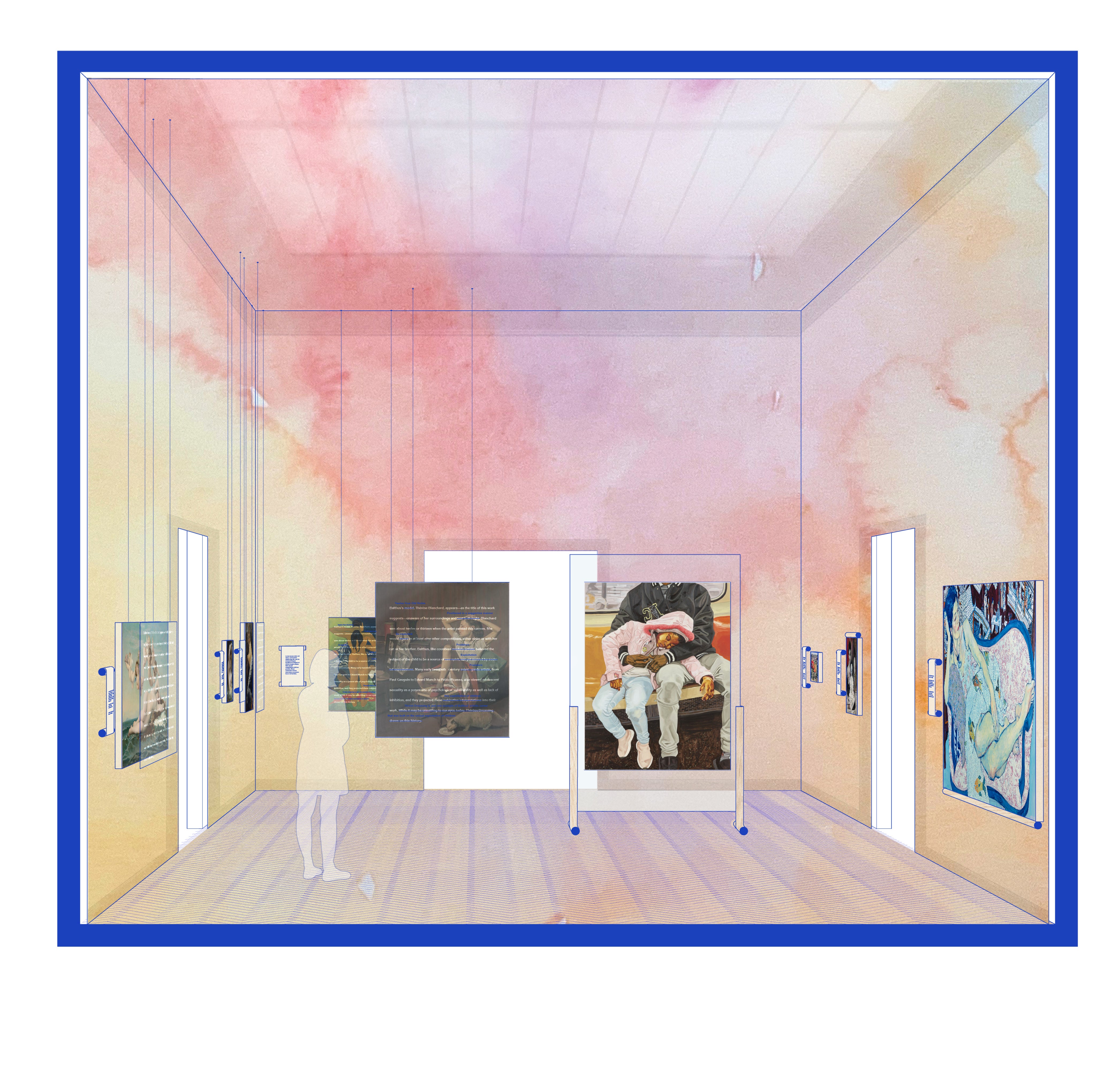 Colorful watercolored fabric intervention into Met gallery. Figure looks at comparative paintings by male and female artists.