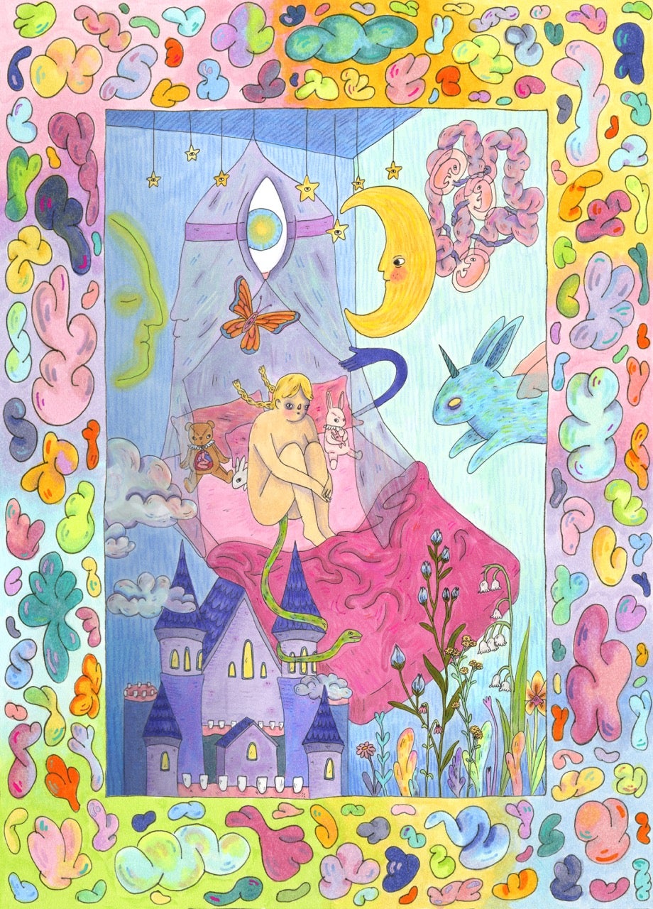 A girl sitting with knees to chest on a bed floating through space, with strange imagery surronding her