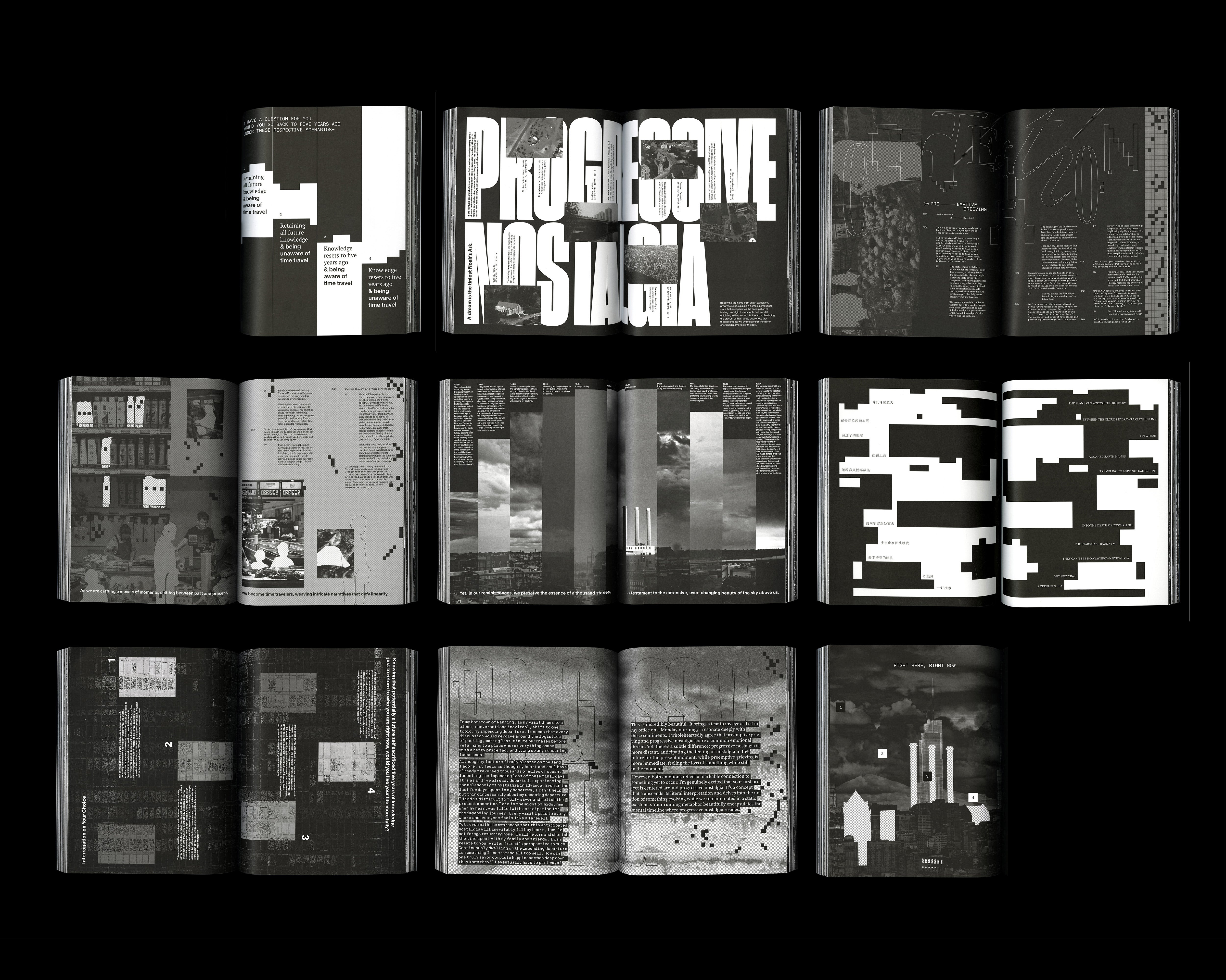 16 black-and-white pages featuring original writings in bold typography, layered images, and fragmented graphic layouts.