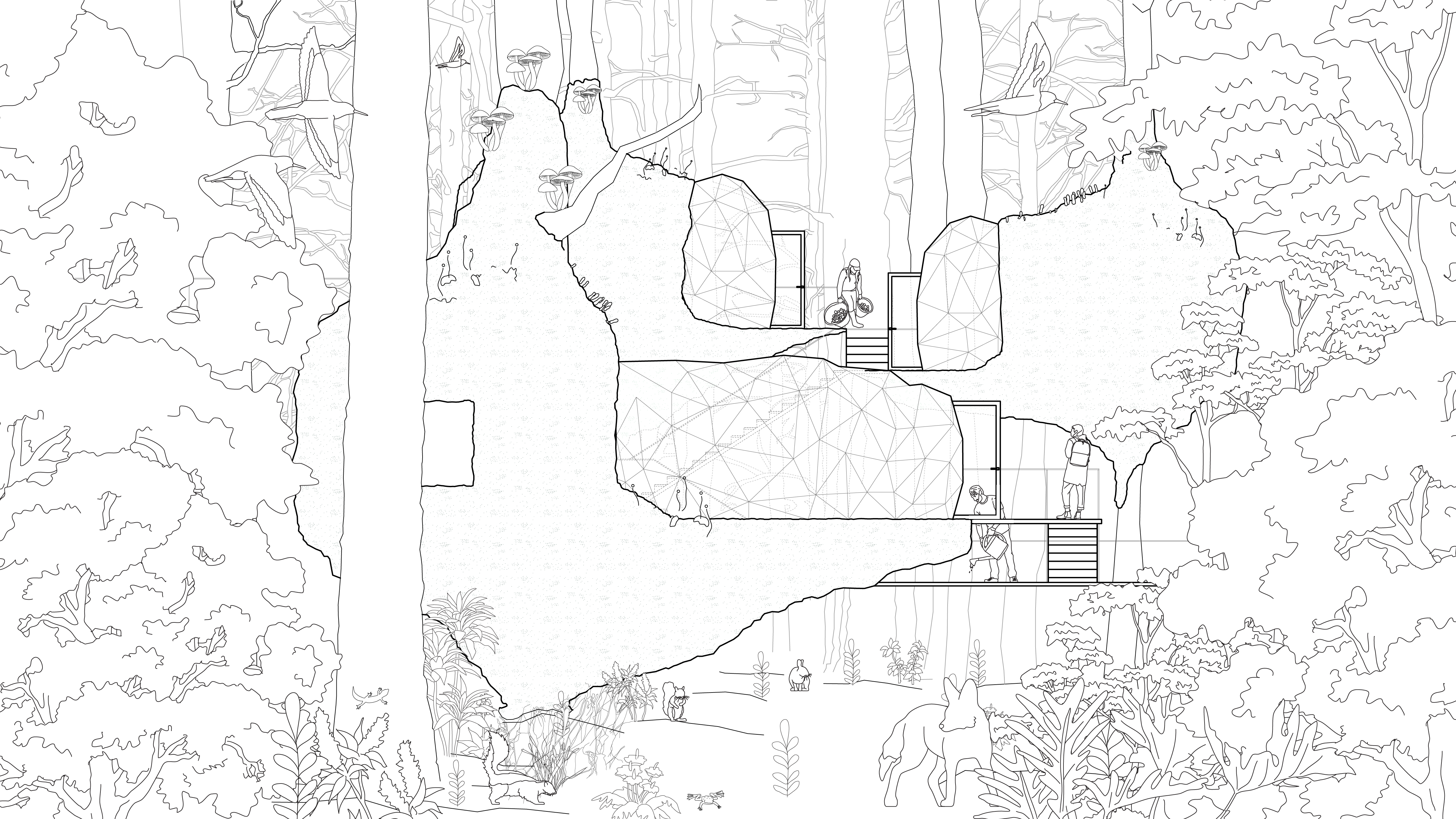 Barbican reimagined as a living ecosystem: species cohabit tree homes, mossy ruins, and shifting biotextile shelters