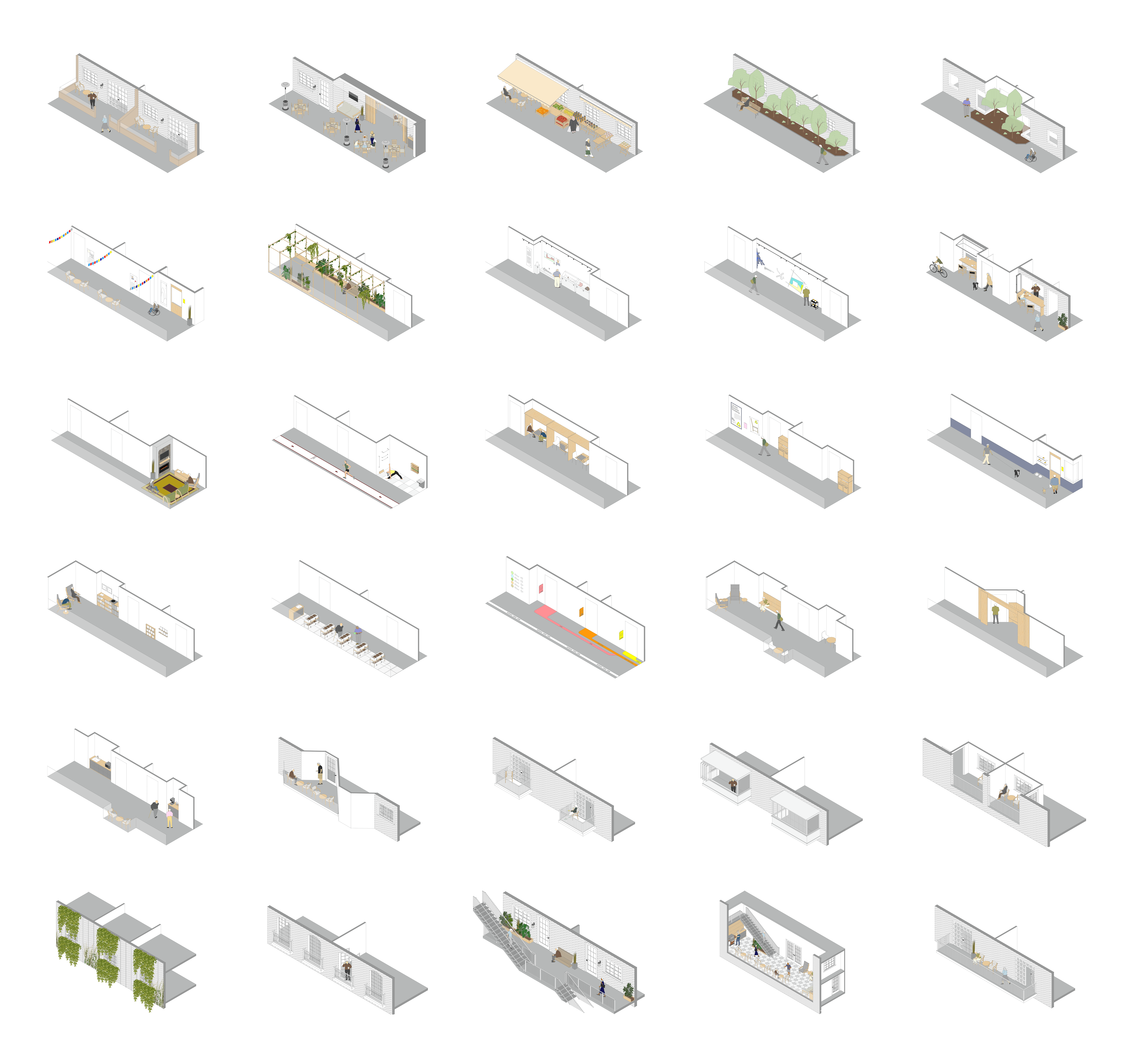 Spatial vignettes of ideas for affordable senior housing.