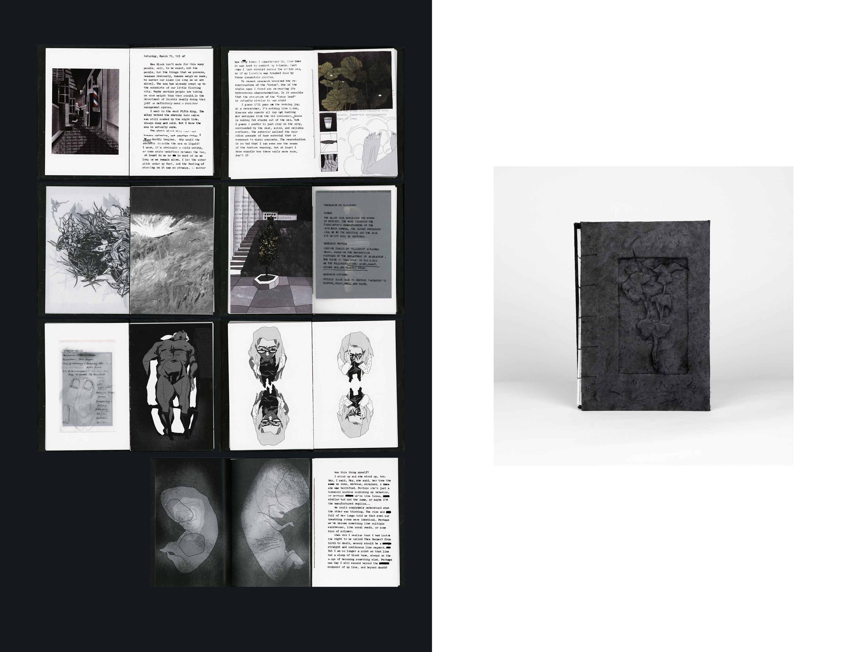 Black book with embossed cover and exposed spine shown closed on right; on left, pages reveal grayscale drawings and text.