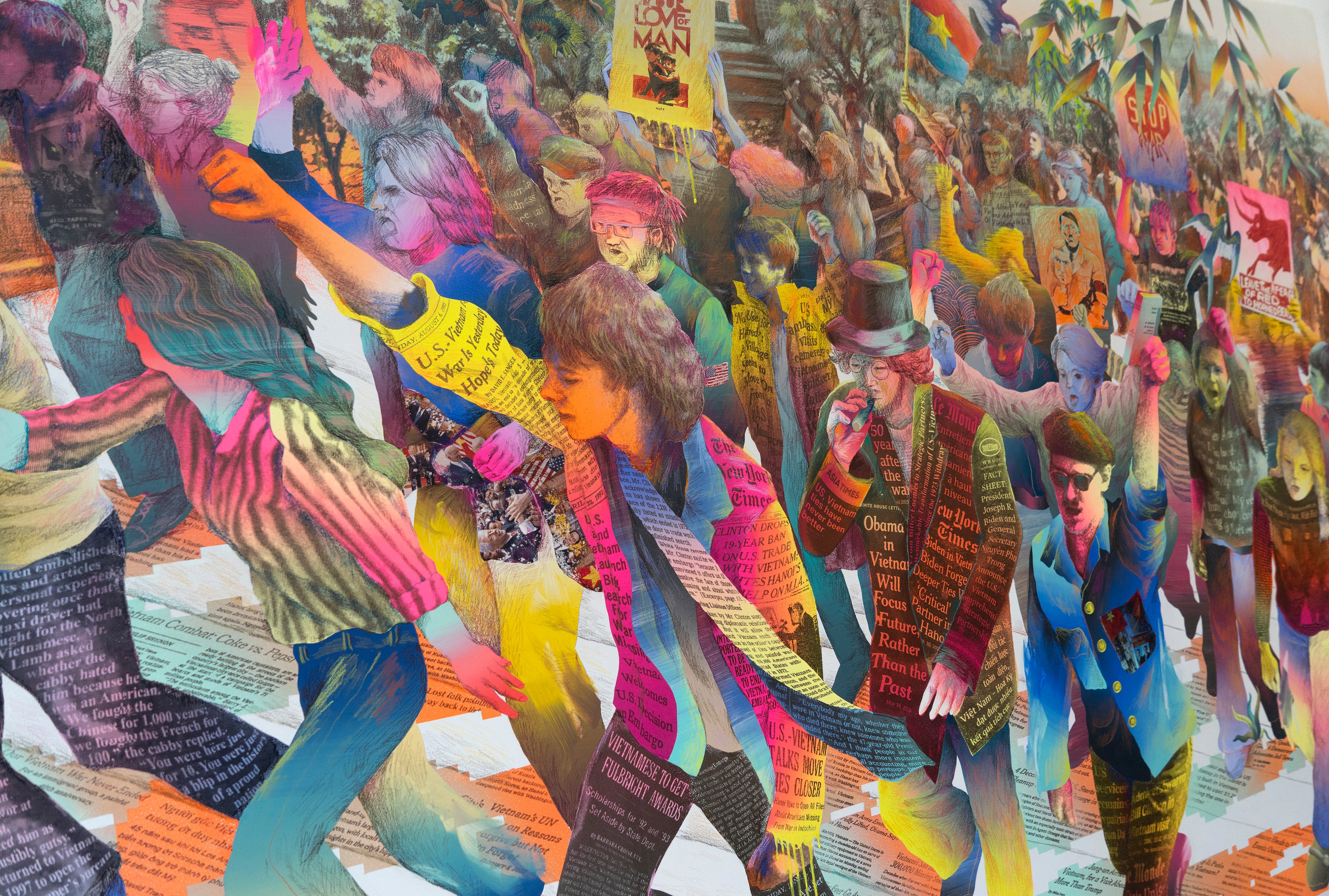Painting of student activism with archival photos, news clippings, bold gradients, and spontaneous mark-making.