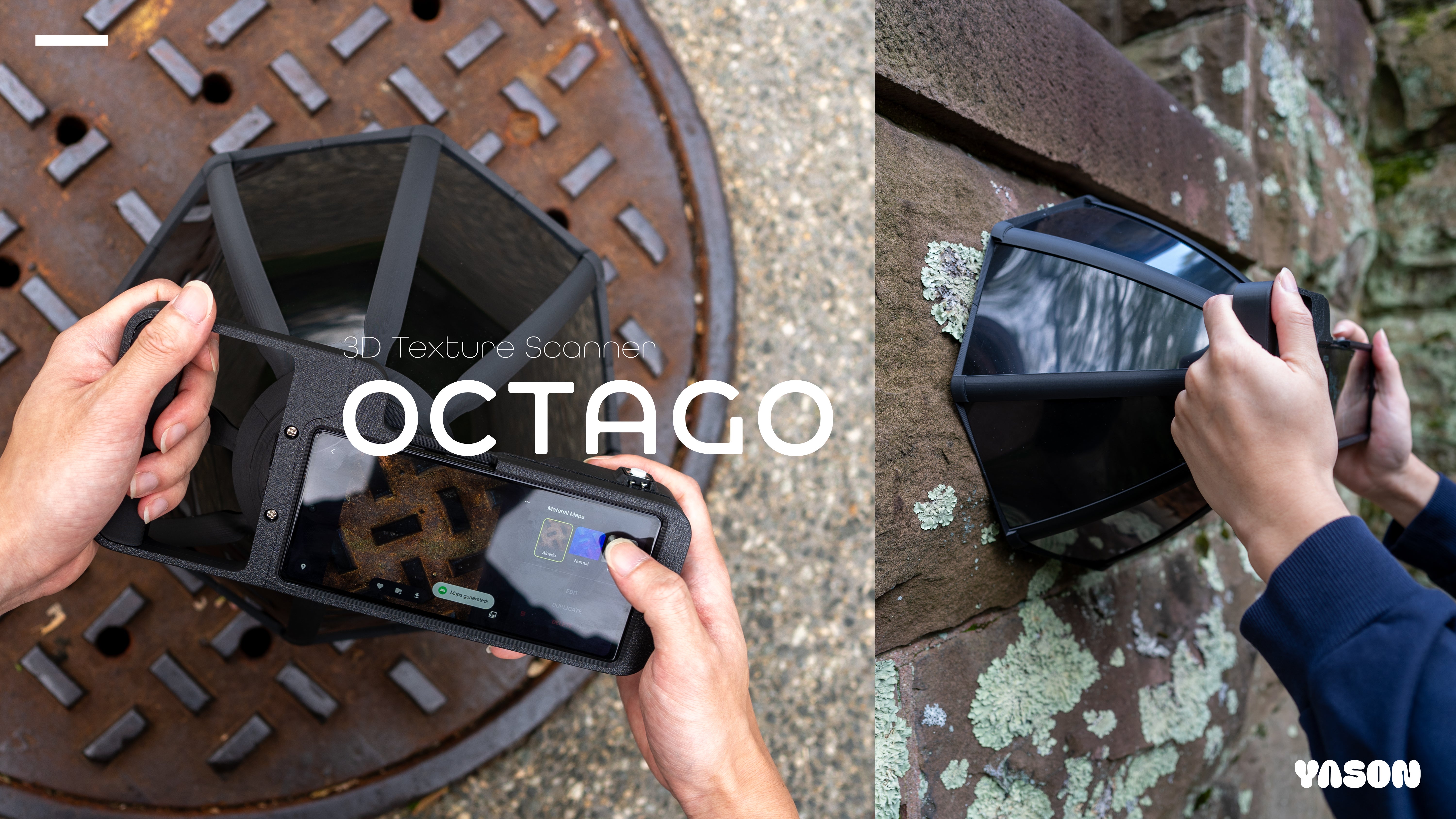 Hands holding a black octagonal 3D texture scanner against a manhole cover and mossy stone wall to capture surface details