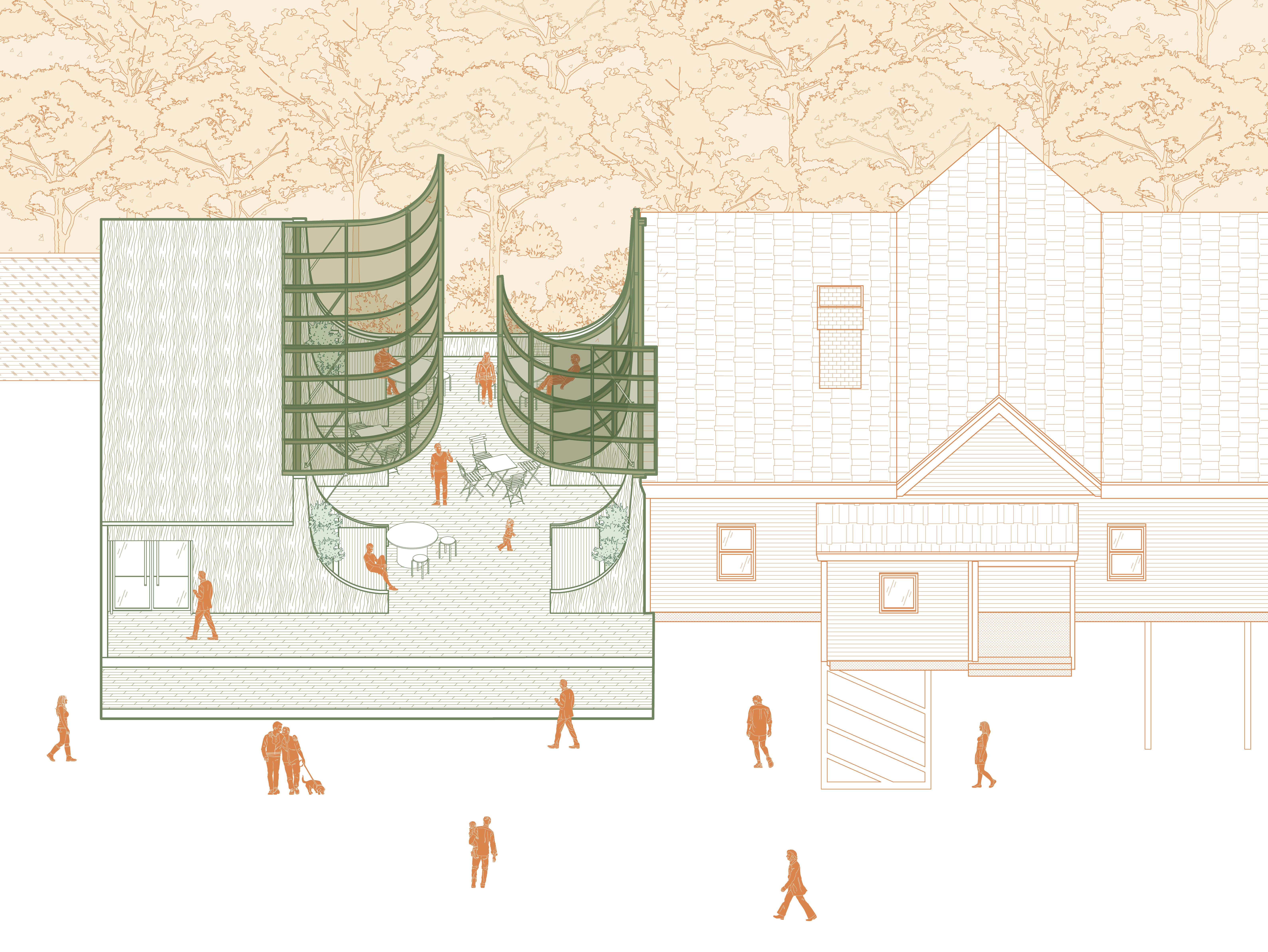 A refugee community center built as an extension of the existing ethnic social club.