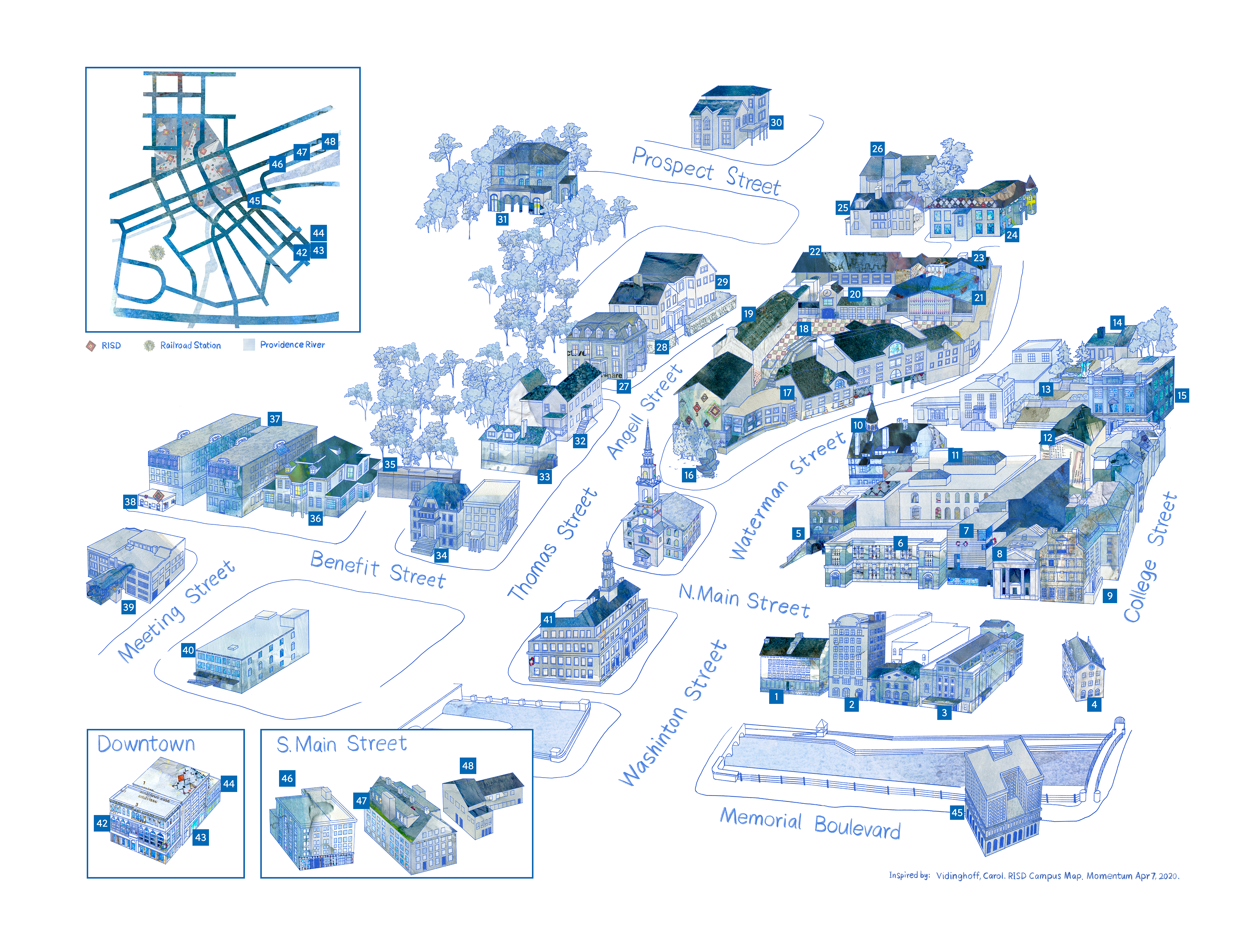 Digitally-drawn map of RISD’s campus, with numbered buildings along curved streets, surrounded by trees.