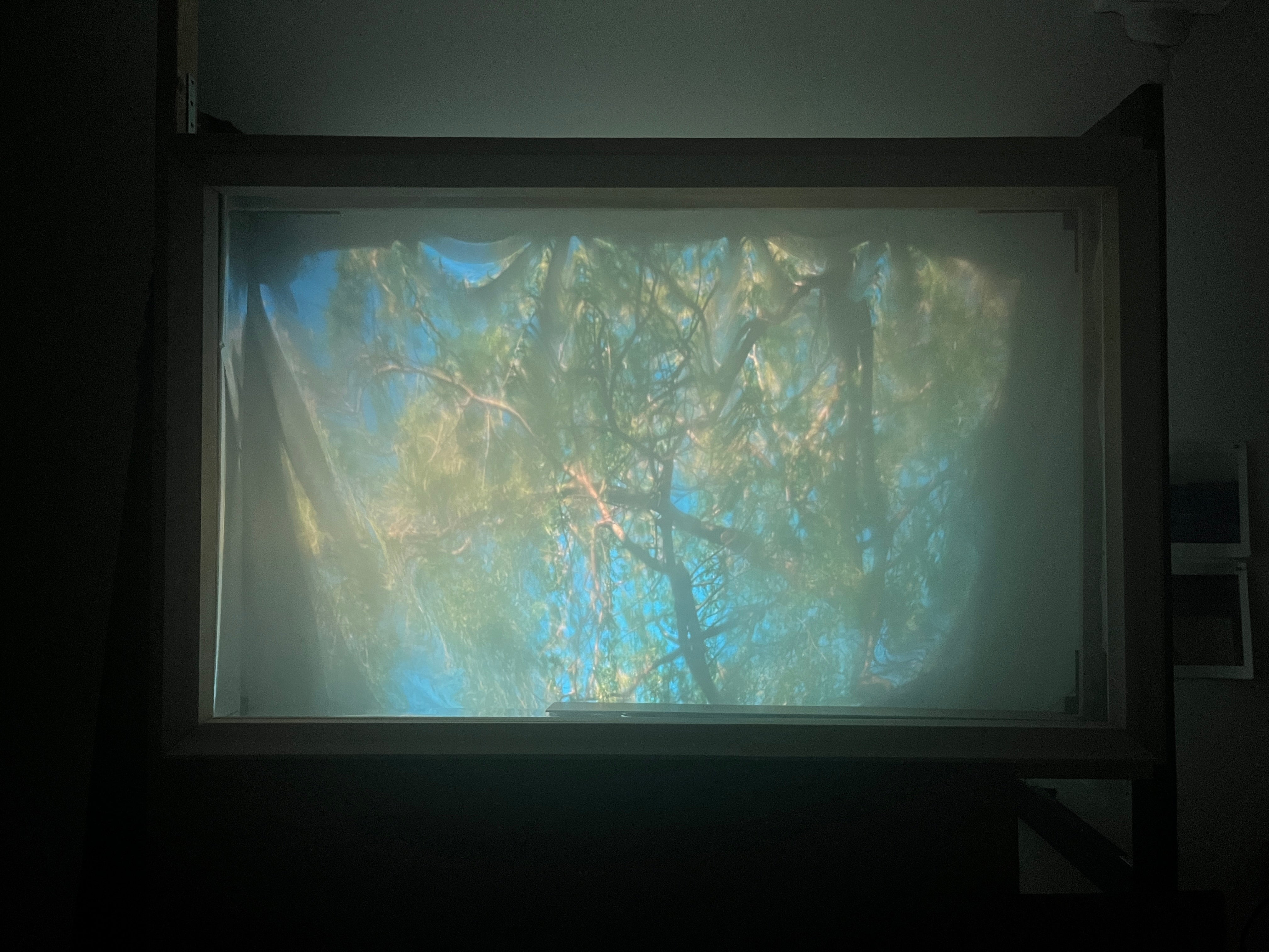 Video projection within a window-like frame on a 10×10 ft wall, layered with translucent fabric that softens the moving image