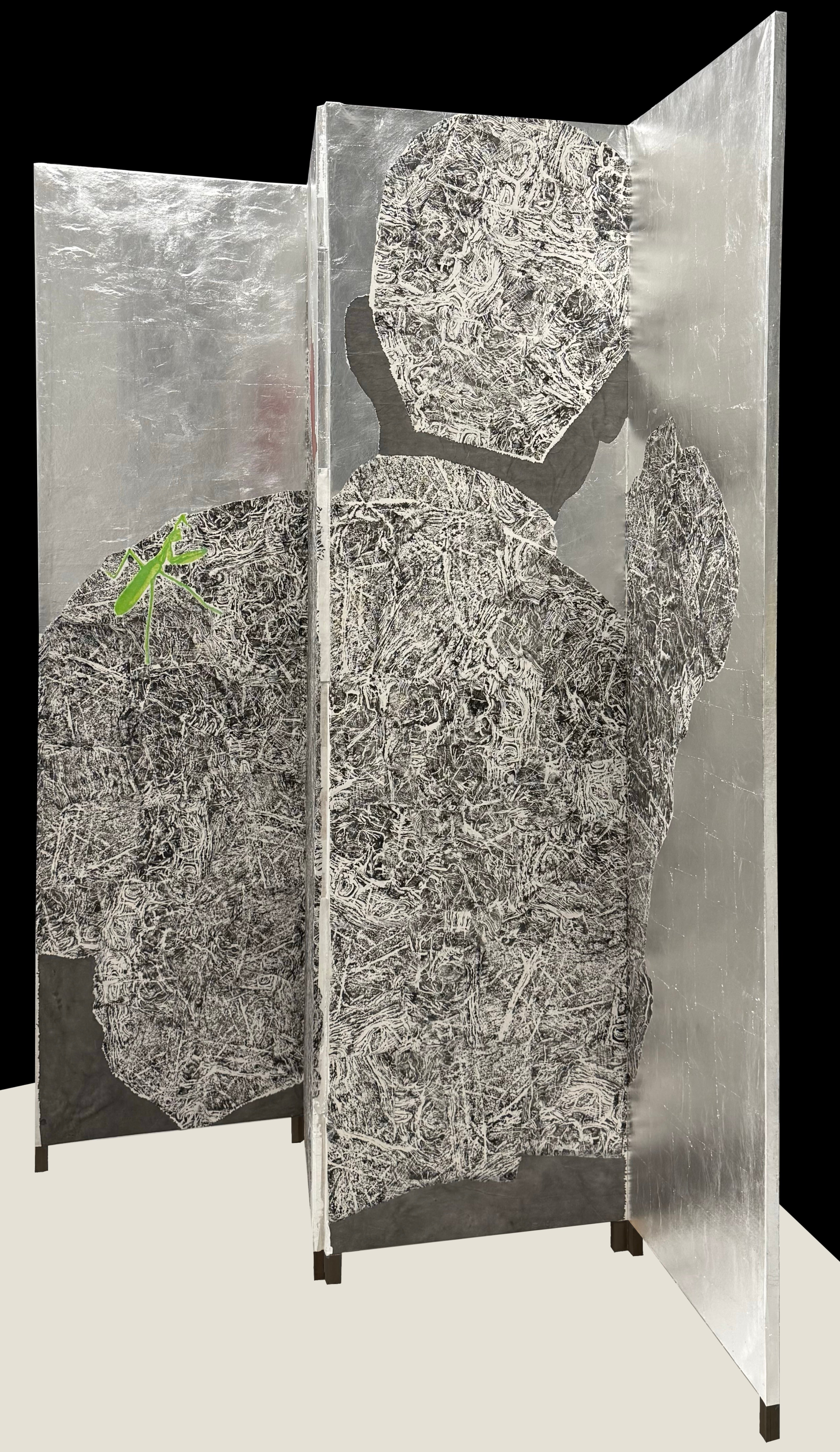This is a four-panel screen where silver leaf tarnishes over time, revealing the passage of time through quiet transformation