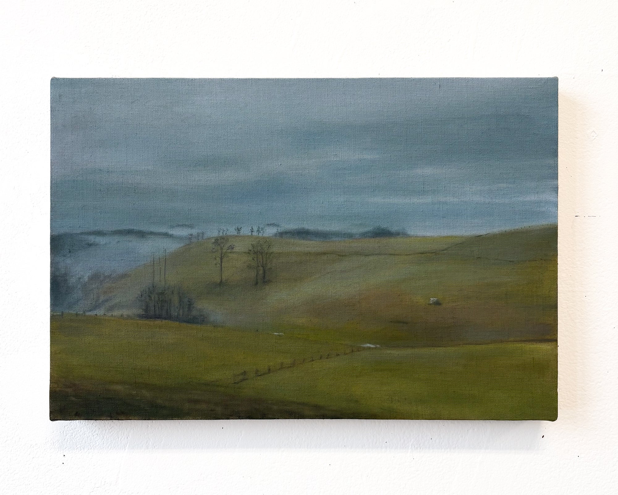 This is a landscape painting of rolling hills, seemingly in late winter. The sky is overcast, and fog has settled in the valley. 