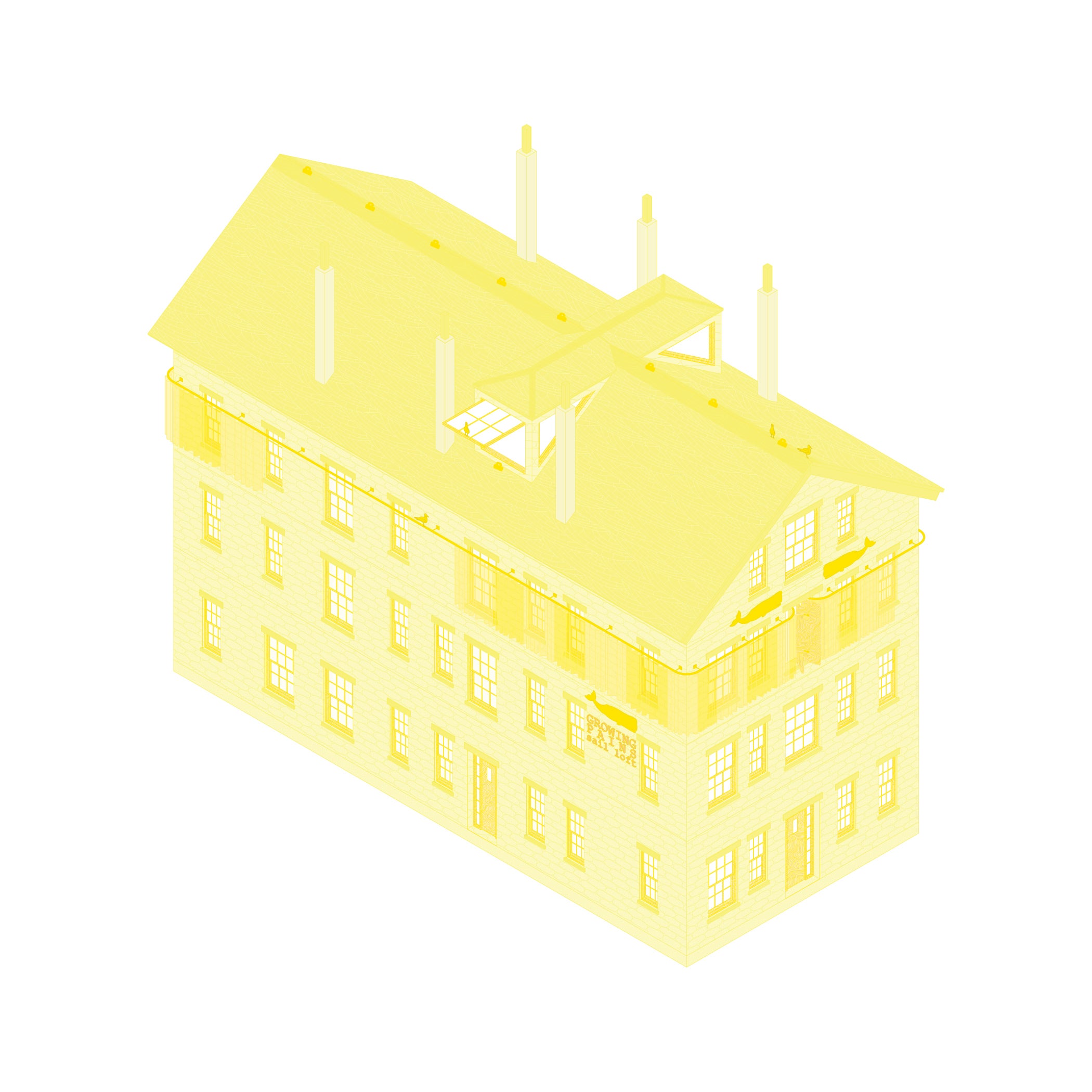 Yellow isometric illustration of an 1800's 4 story stone building.