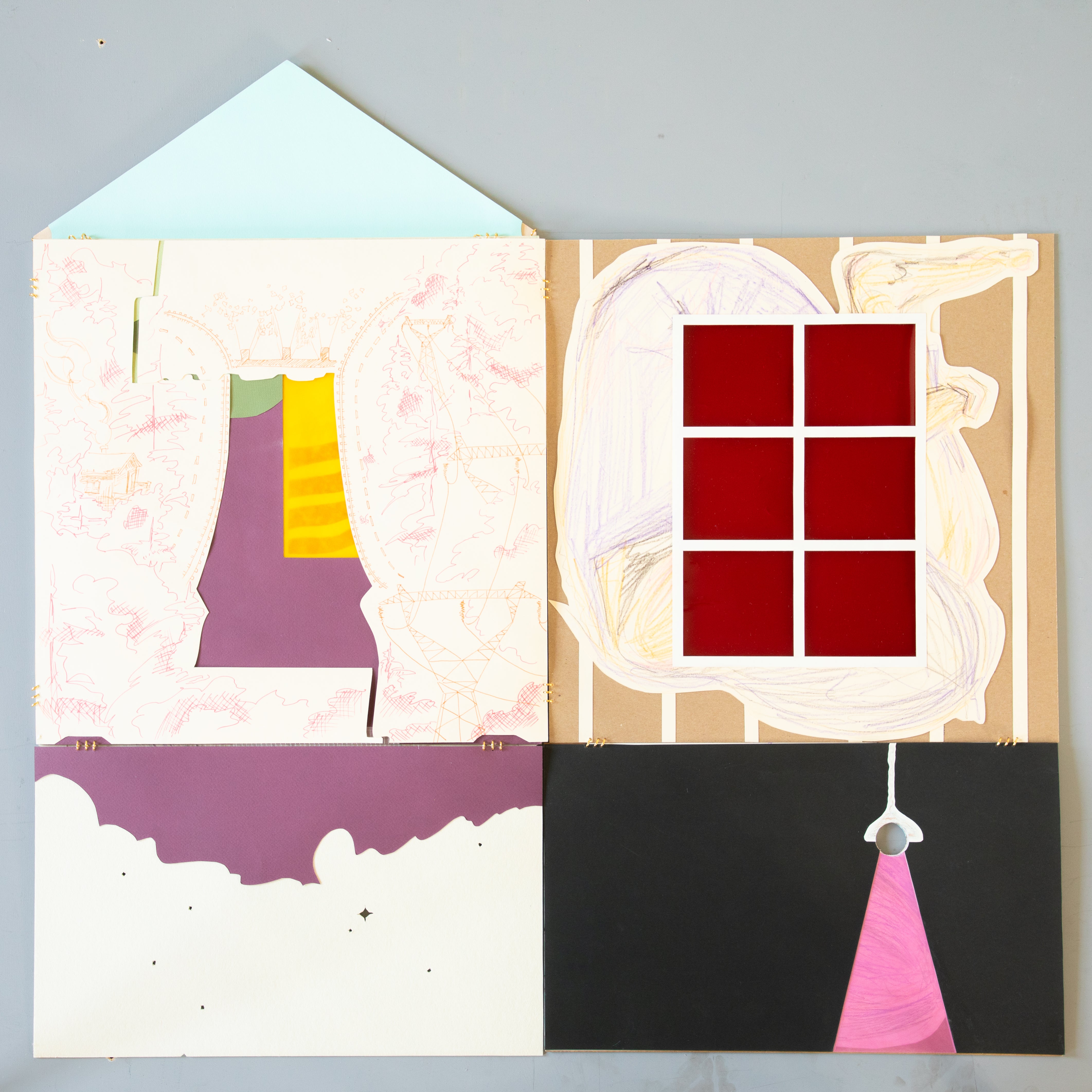 Flattened walls of a house form layered out to display depictions of the human form and landscape on relating sides. 
