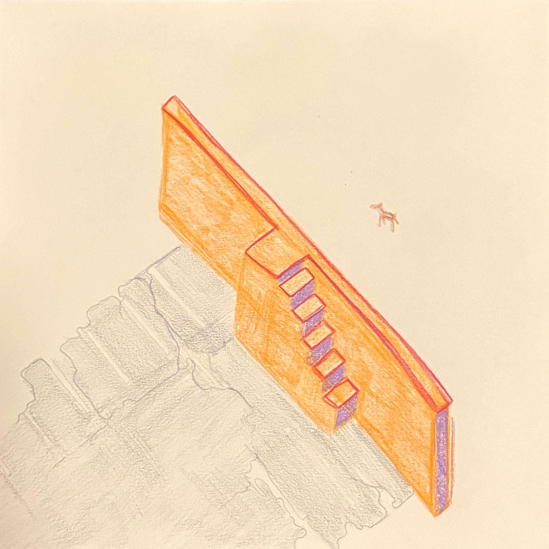 Colored axon  of a wall at the edge of a parking lot with stairs leading up it to view a deer.