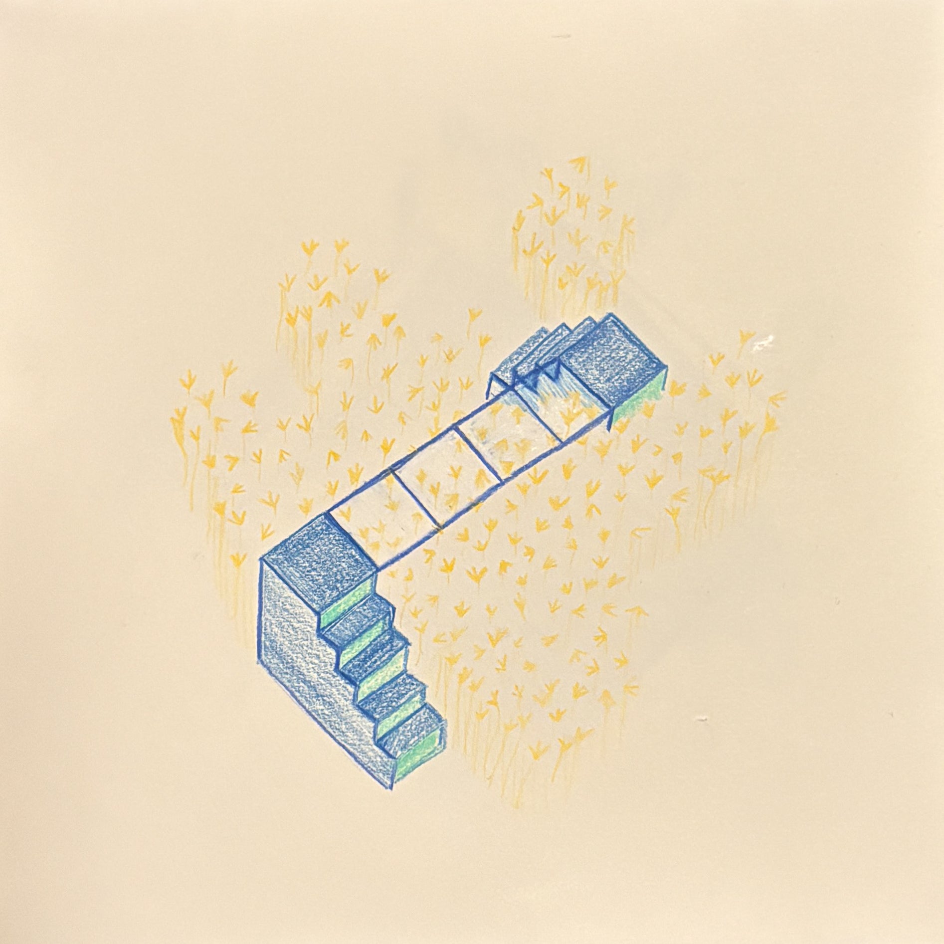 Colored axon of a stair leading to a raised transparent platform that ends in another stair down. The platform spans over a field of tall grass.