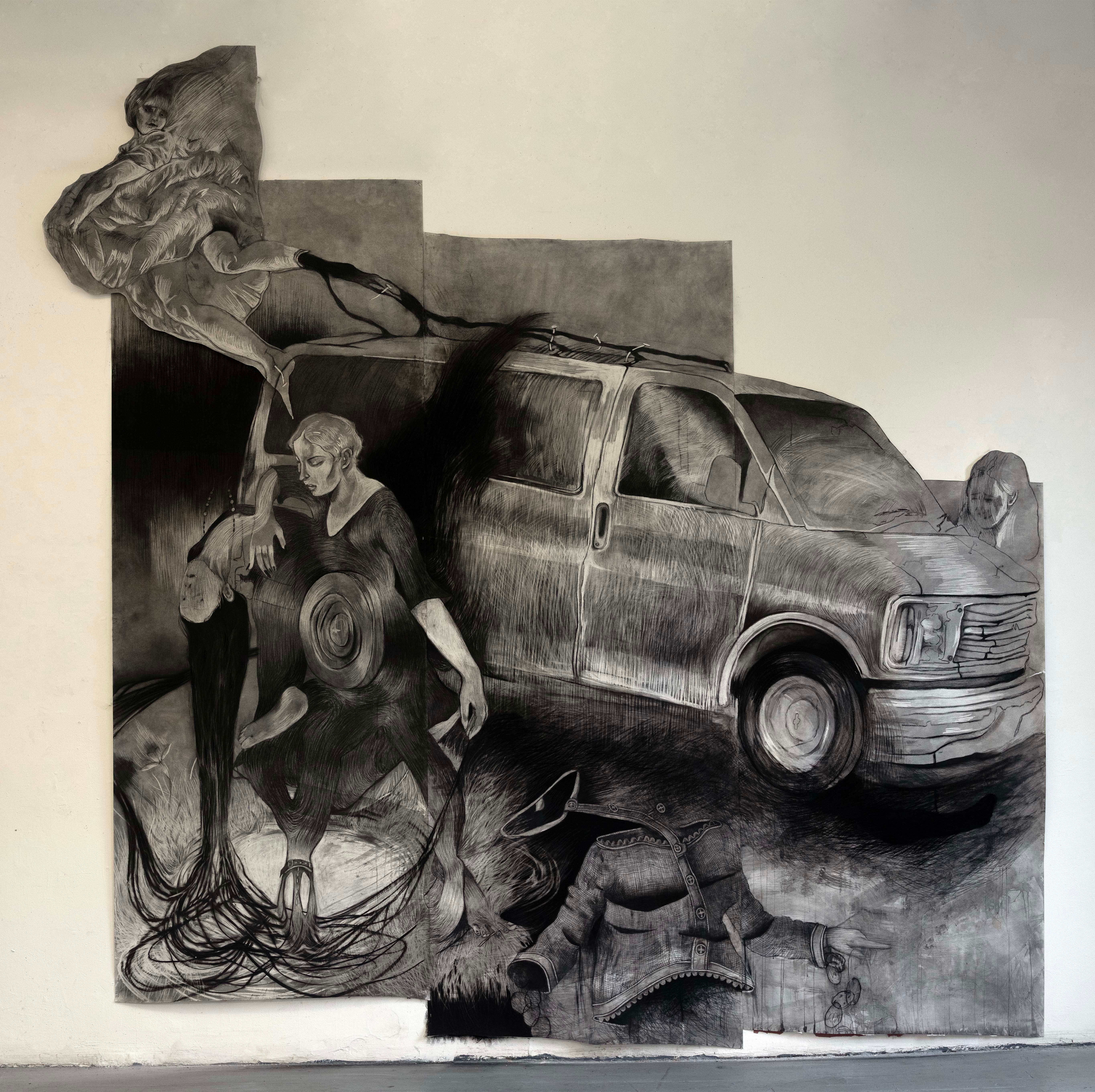 Large Scale charcoal on paper drawing, two figures morph and split apart from each other. There is a large van in the background of the image, from the top of the van an angel flees the scene. 