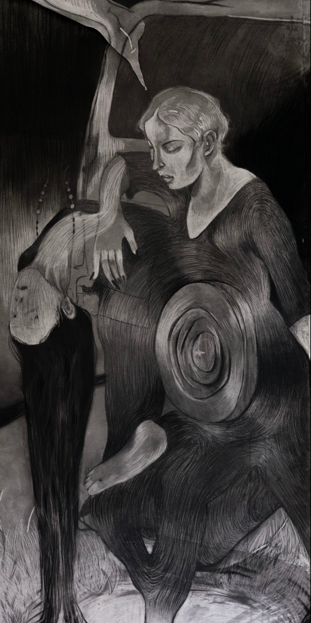 This is a close up of the work, Easter Sunday Exorcism, it shows the two main figures in the composition in a moment of conflict and transformation. It also displays the texture present in the mark making of the drawing. 