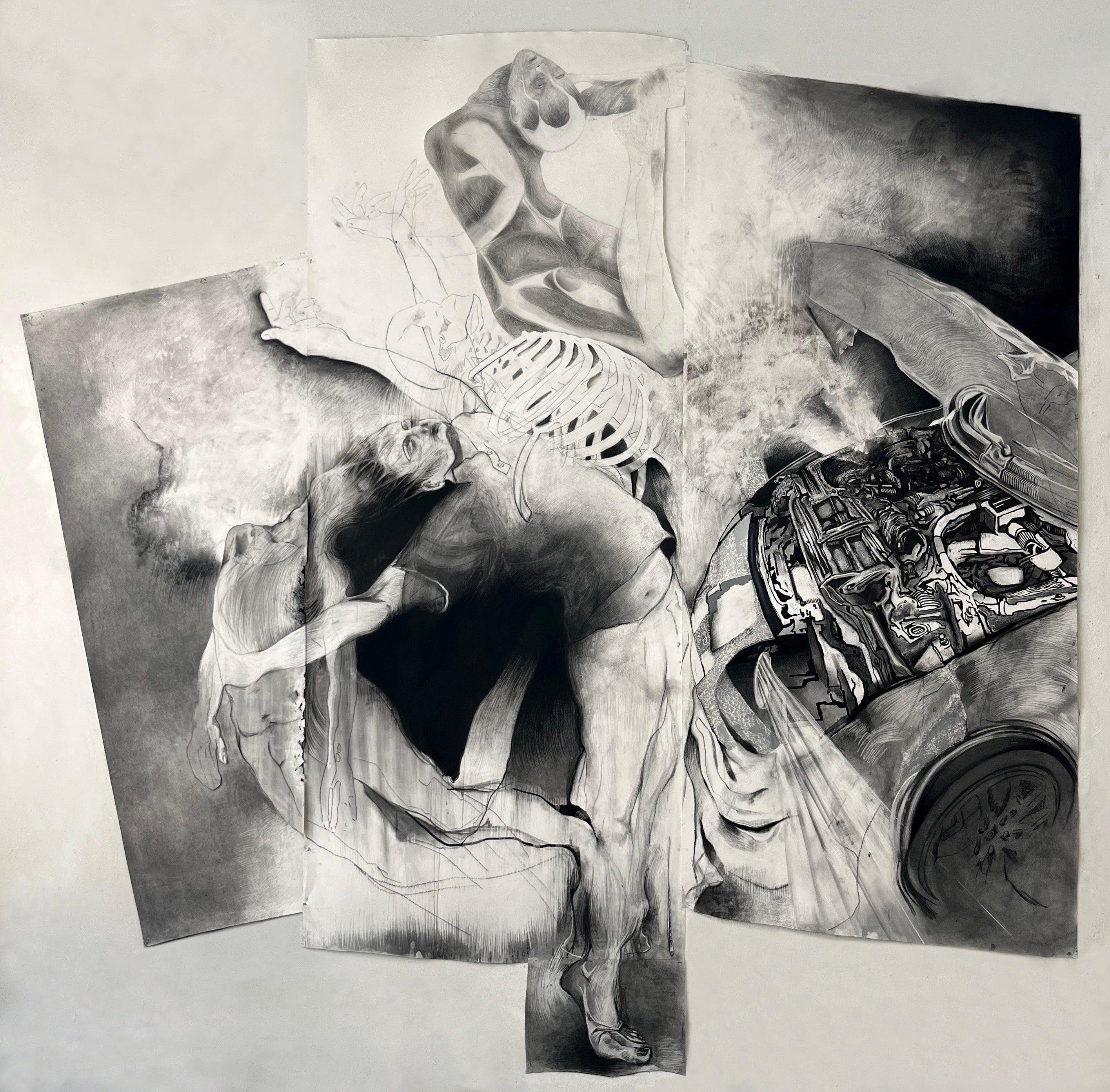 This is a large scale charcoal drawing. A car crashes into a body causing a the figure to split apart, flesh and bones are suspended above the main figure. 
