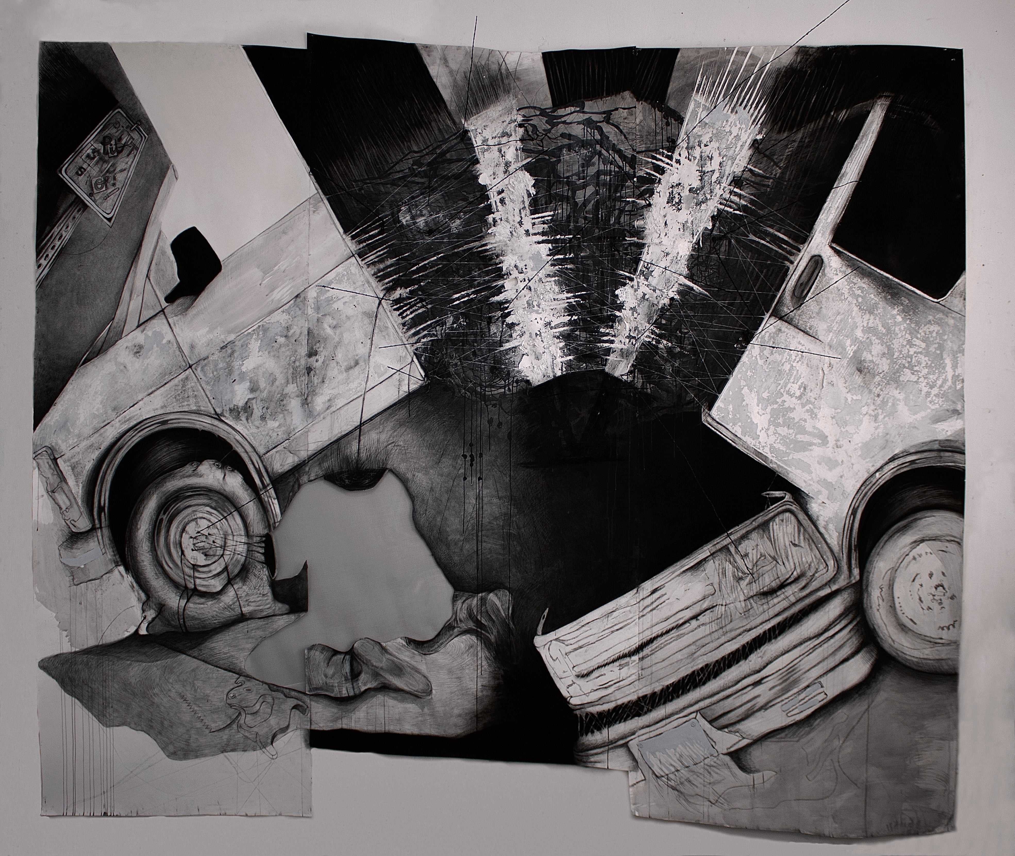 This is a large scale charcoal drawing of a van exploding. There are sculptural elements to the piece such as long steal rods coming out of the explosion. There is a figure in the bottom left attempting to fix the exploded van. 
