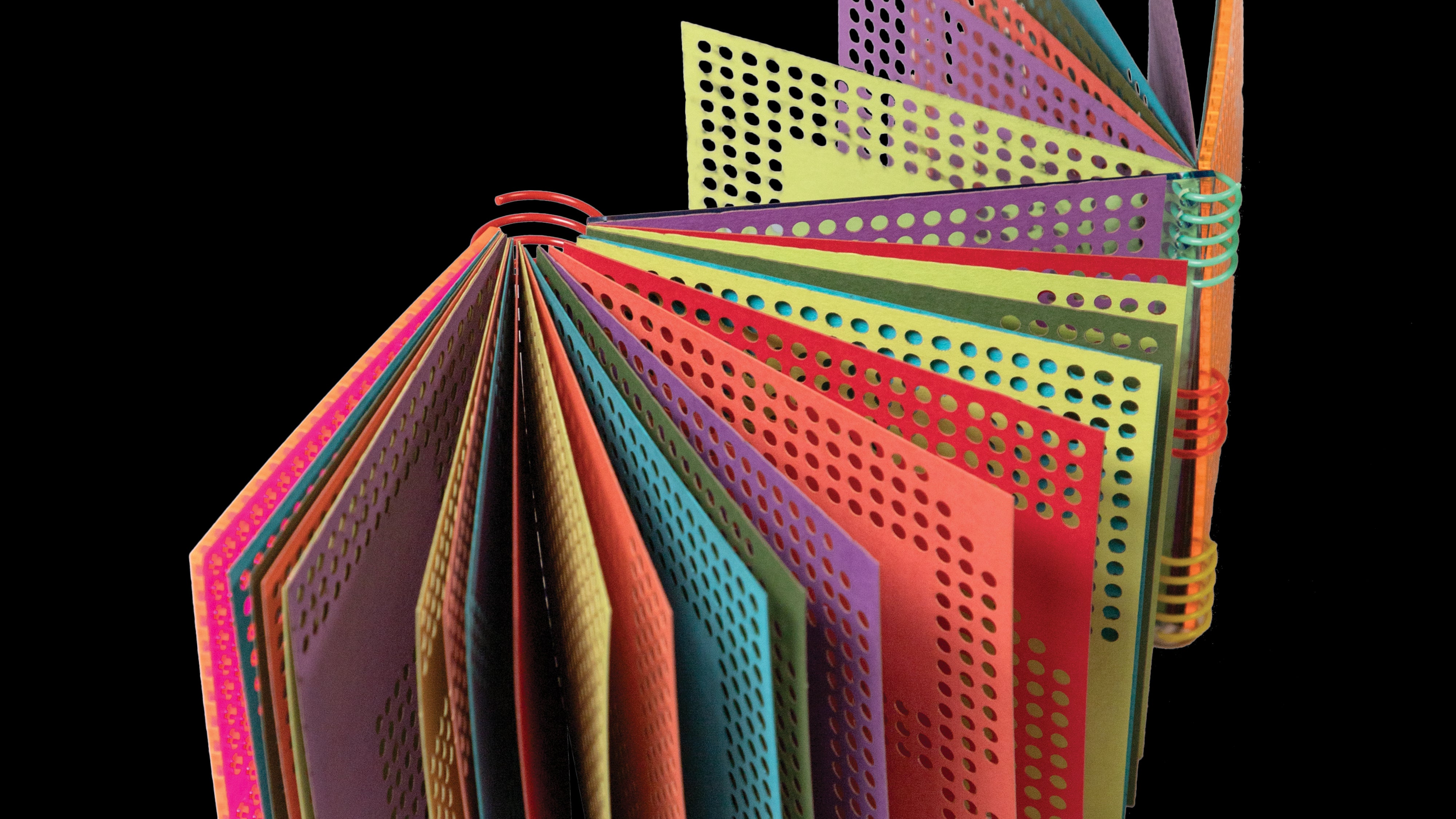 A book with a do-si-do binding and a coil binding. The pages are made of colored paper with holes punched in them to match the coil modulation.