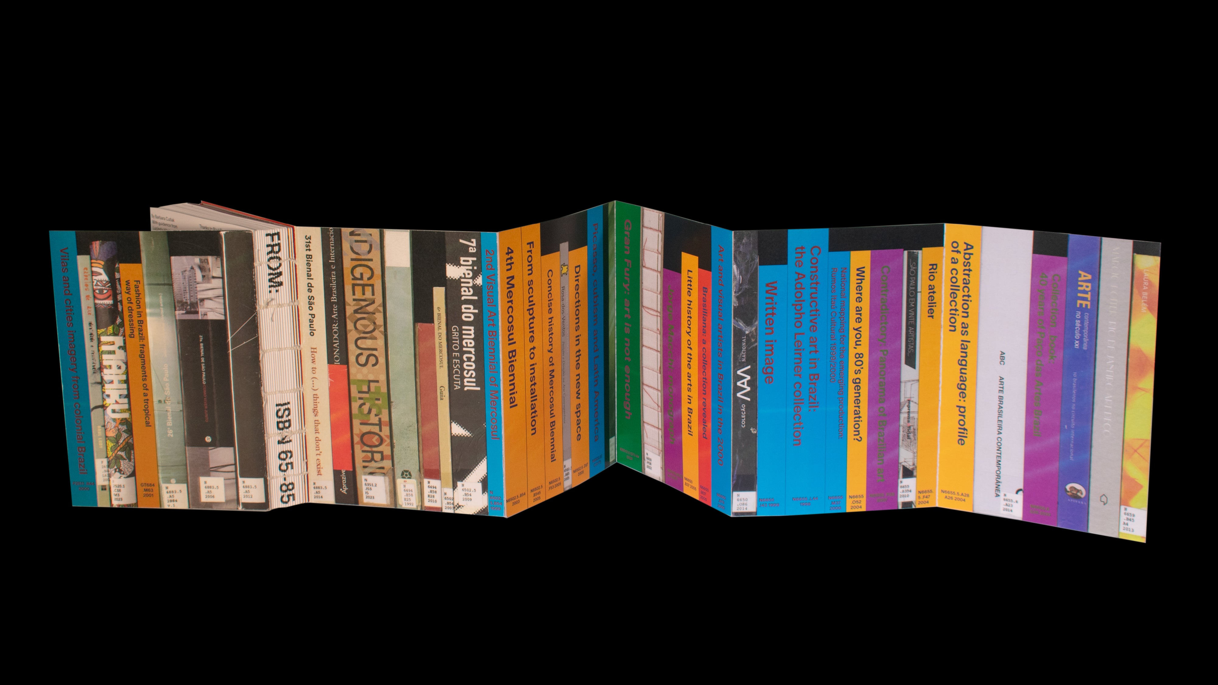 Book cover with accordion binding depicting several book spines in actual size.