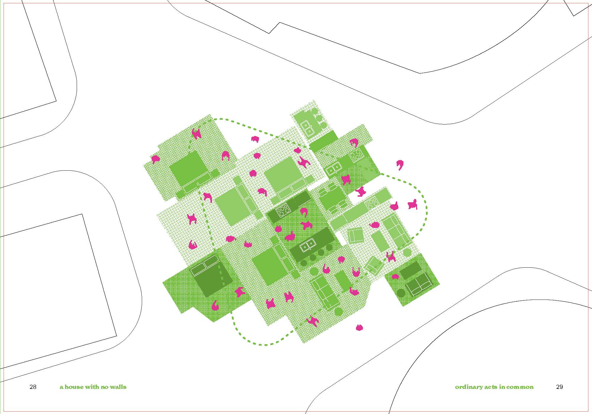 Plan drawing of city square with rooms in center, drawn in green. Rooms have no walls, only hatches and furniture. People shown in pink traverse the space.  