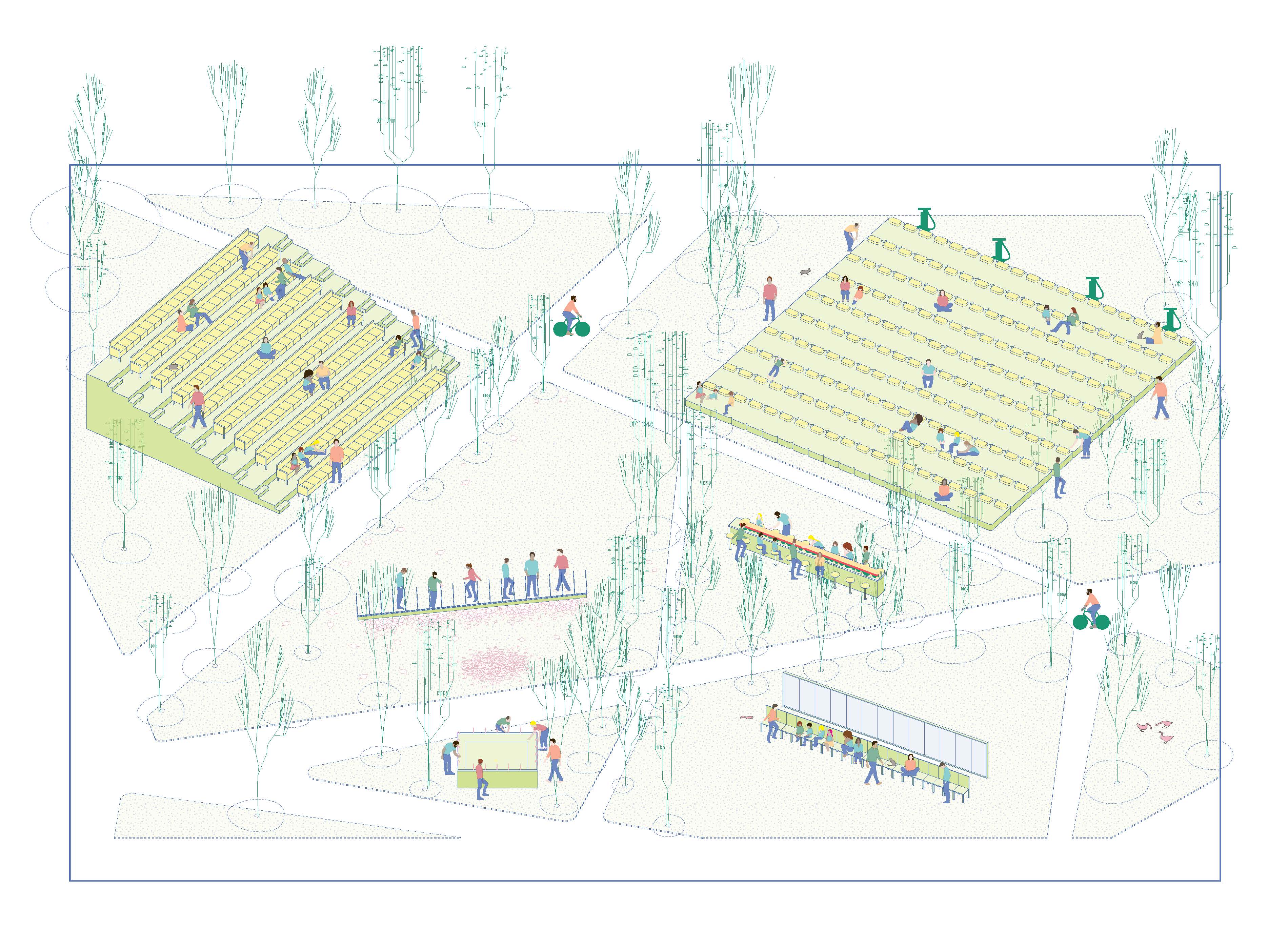Illustrated drawing of scaled furniture in a park, from axon view. 