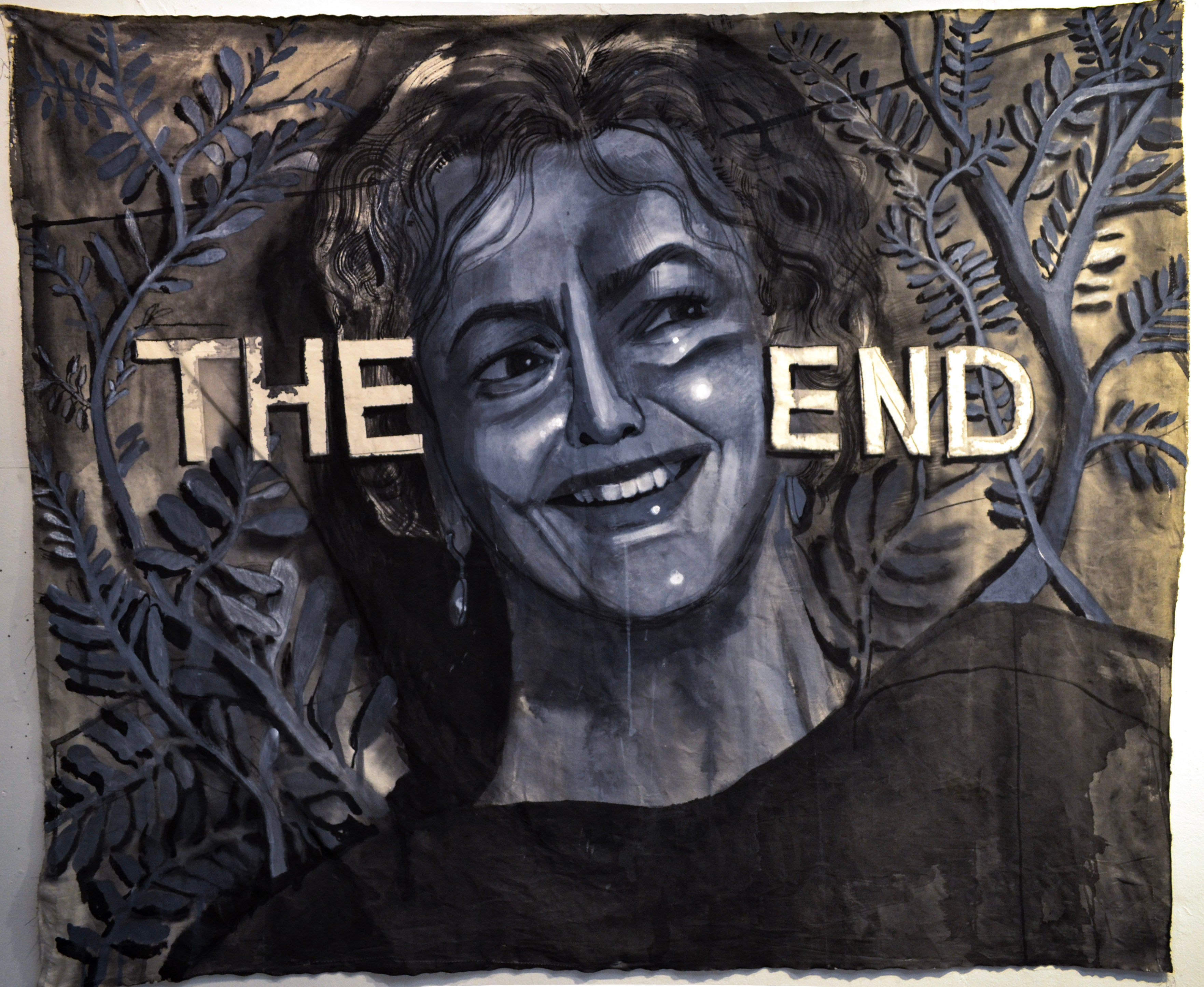 A black and white painting of Olivia de Havilland's face close-up, grey plants in the background, with large block text saying THE END on either side of her face. 