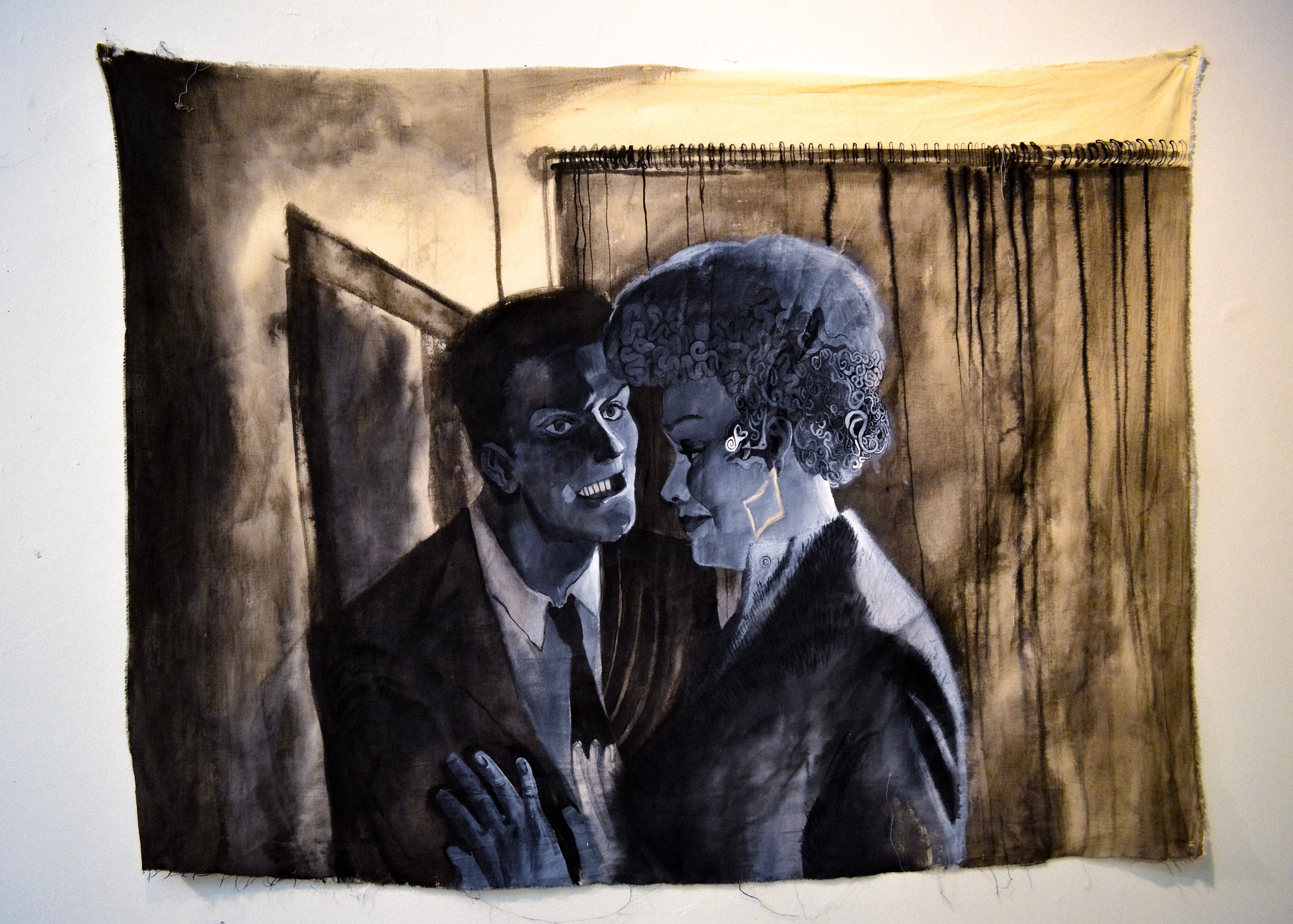 Black and white painting of two figures speaking to each other. 