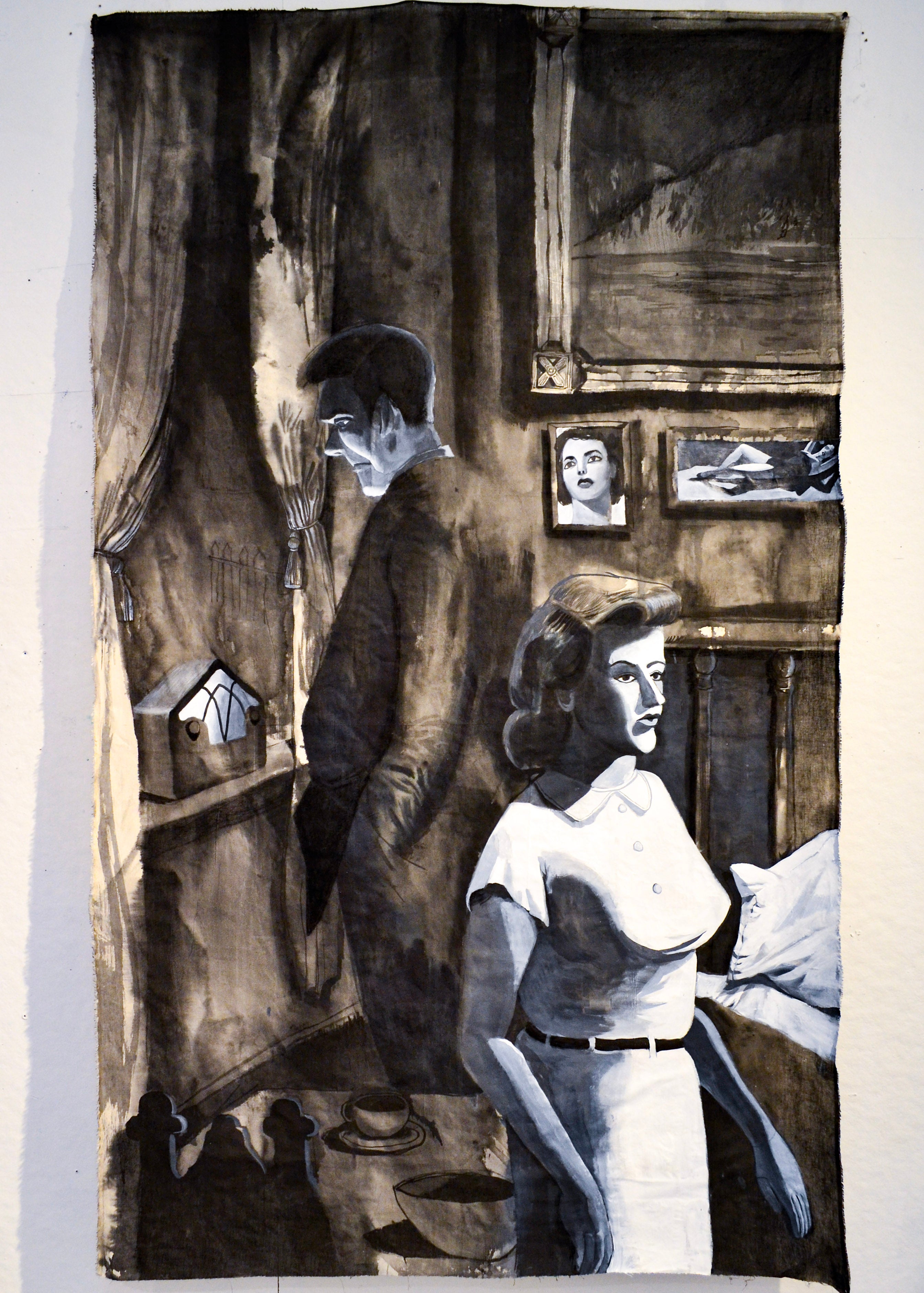 A rectangular black and white painting of two figures facing away from each other in a bedroom. 
