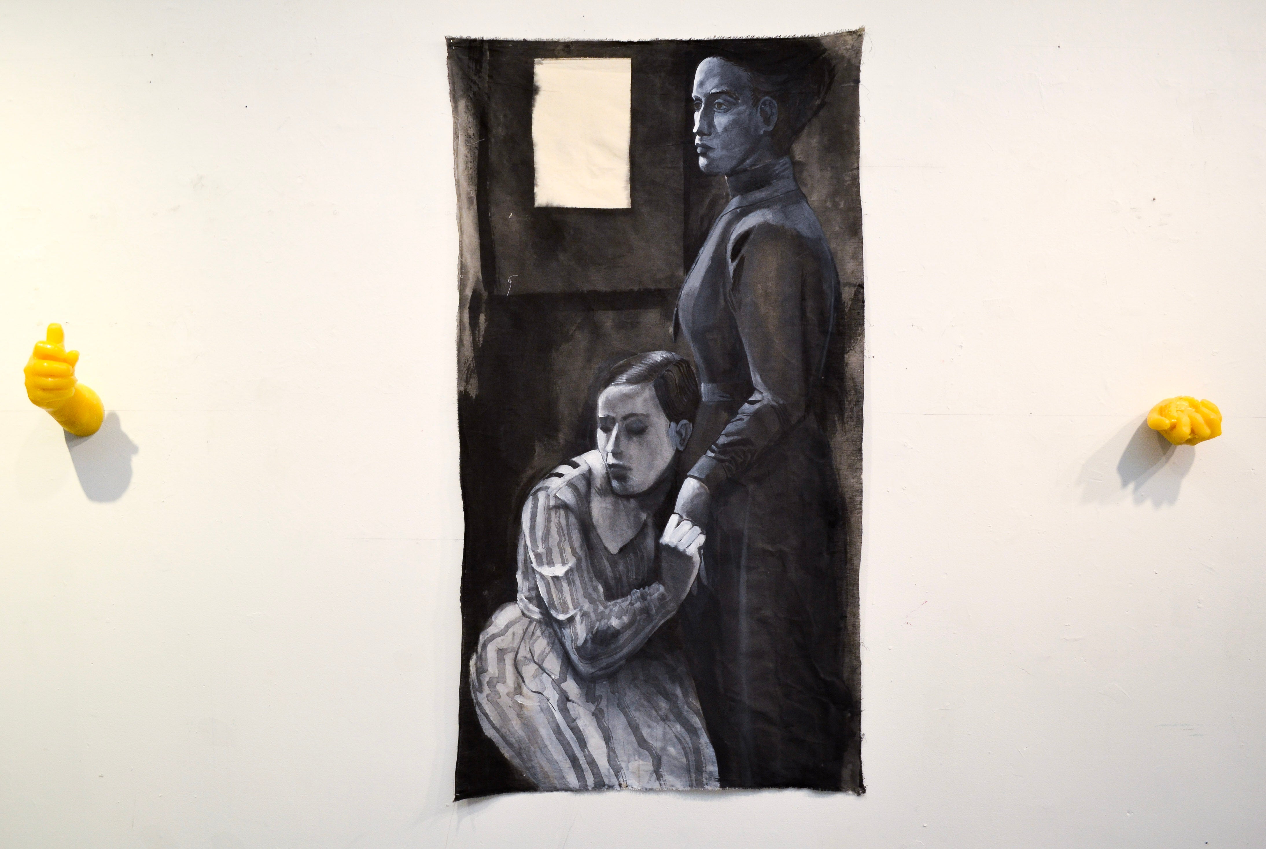 A black and white painting of two women, one is kneeling and holding the other's hand. 