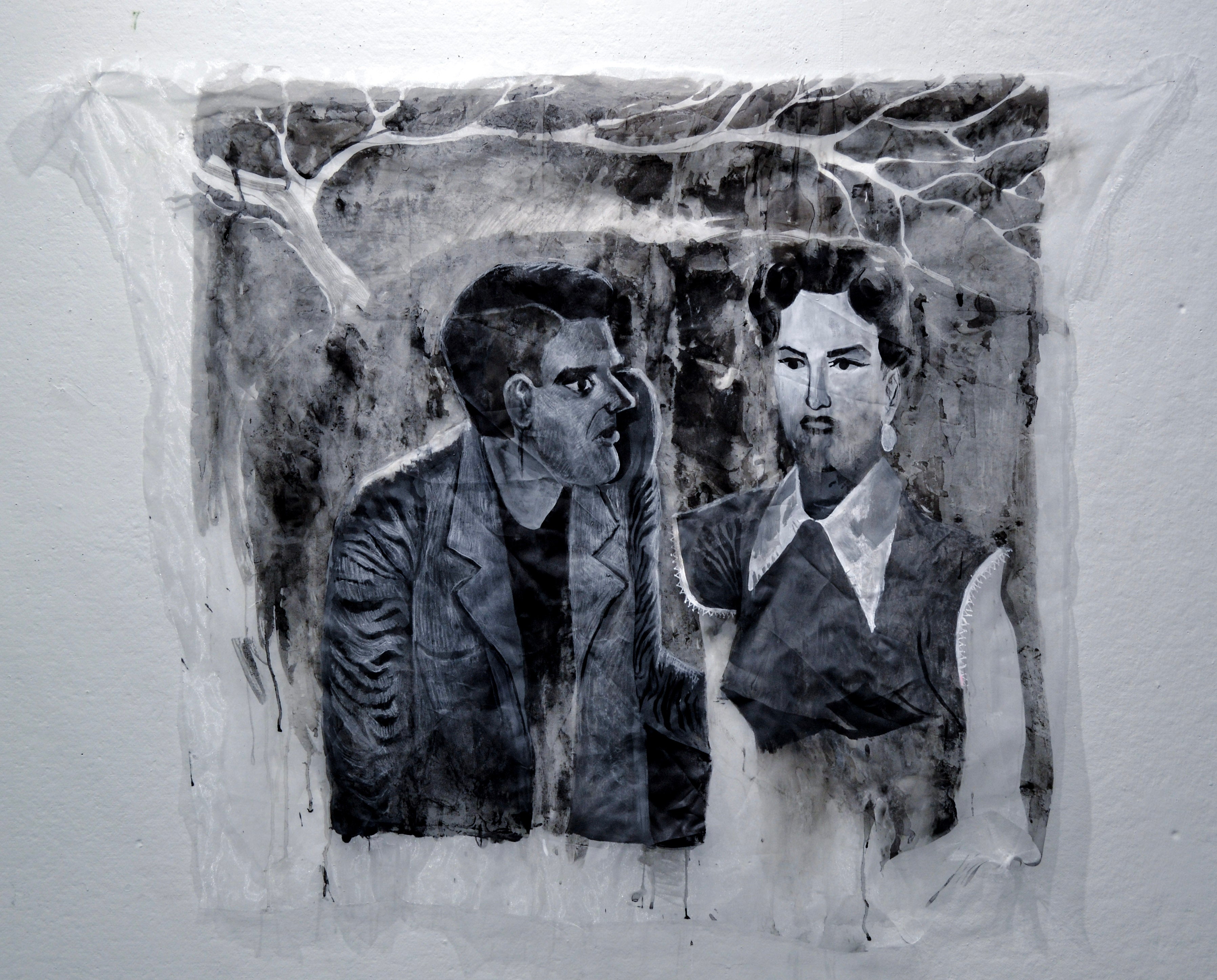 A black and white painting of two figures on transparent fabric. There are patches of opacity and a tree in the background. 