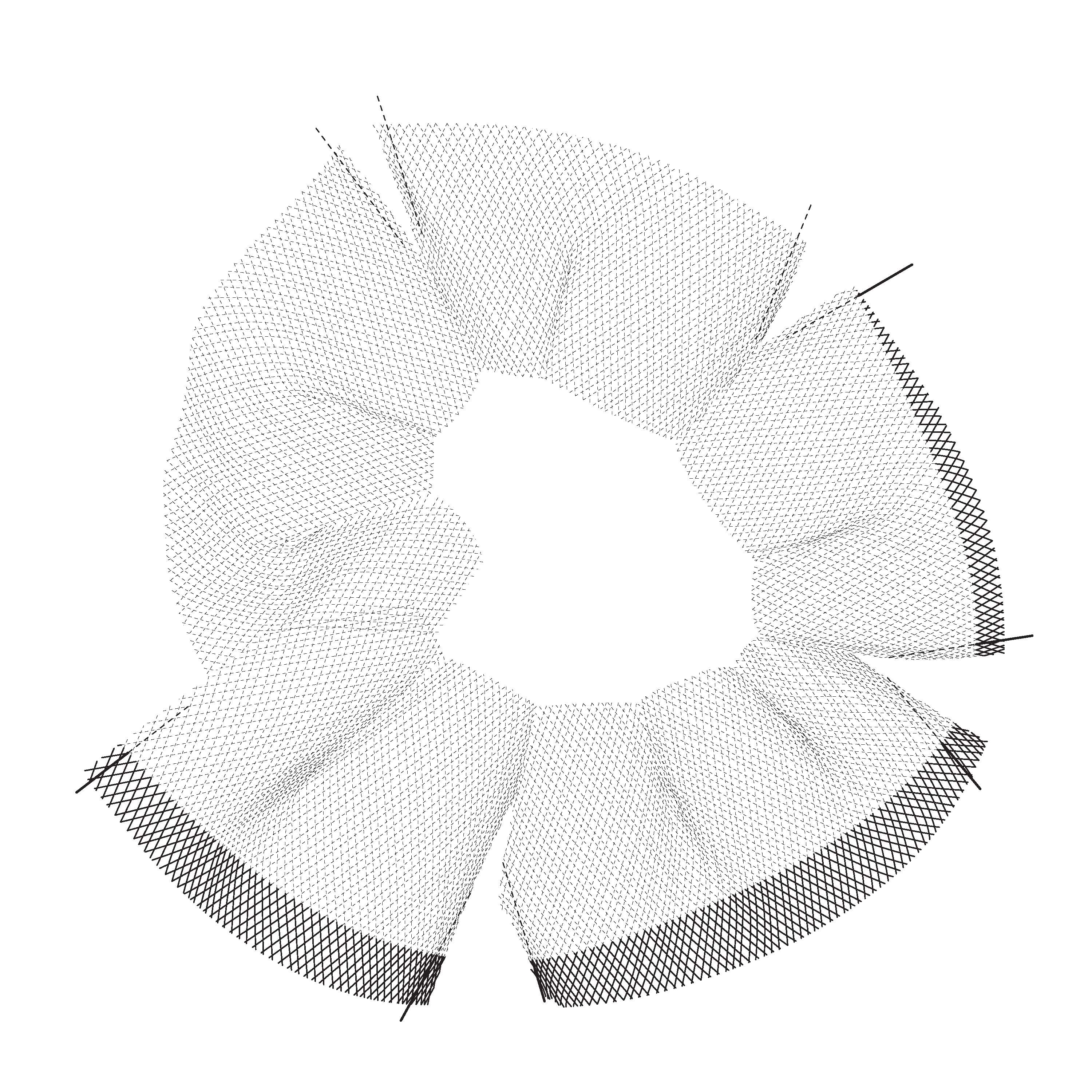Black-and-white reflected ceiling plan of a pavilion made from pinched chainlink fencing. Folded mesh fins form a woven ring around an open center, with darker overlapping areas emphasizing compression, structure, and shifting density.