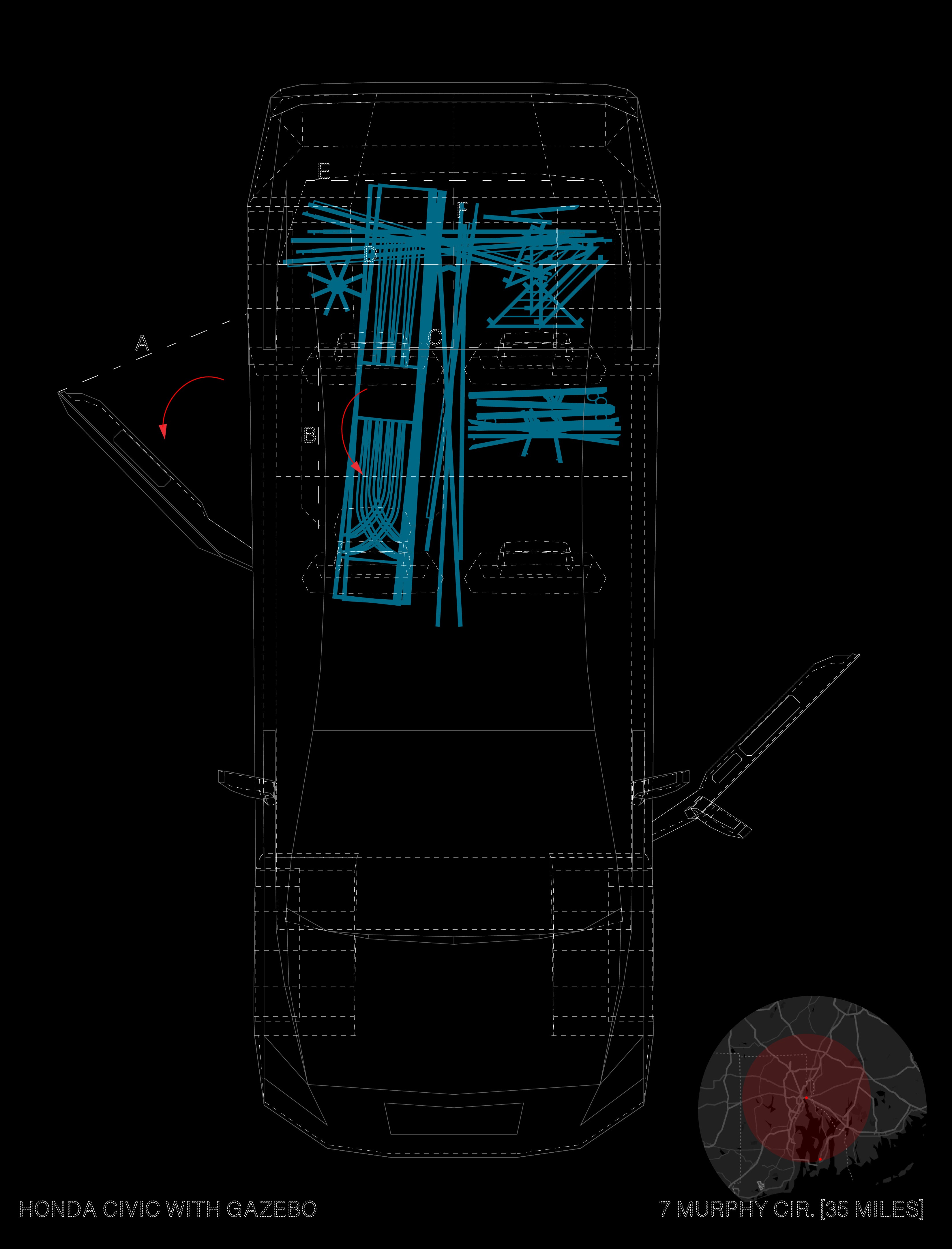 Technical drawing of a Honda Civic on a black background, loaded with blue gazebo parts. Dimension lines, arrows, and annotations describe the space of the car.